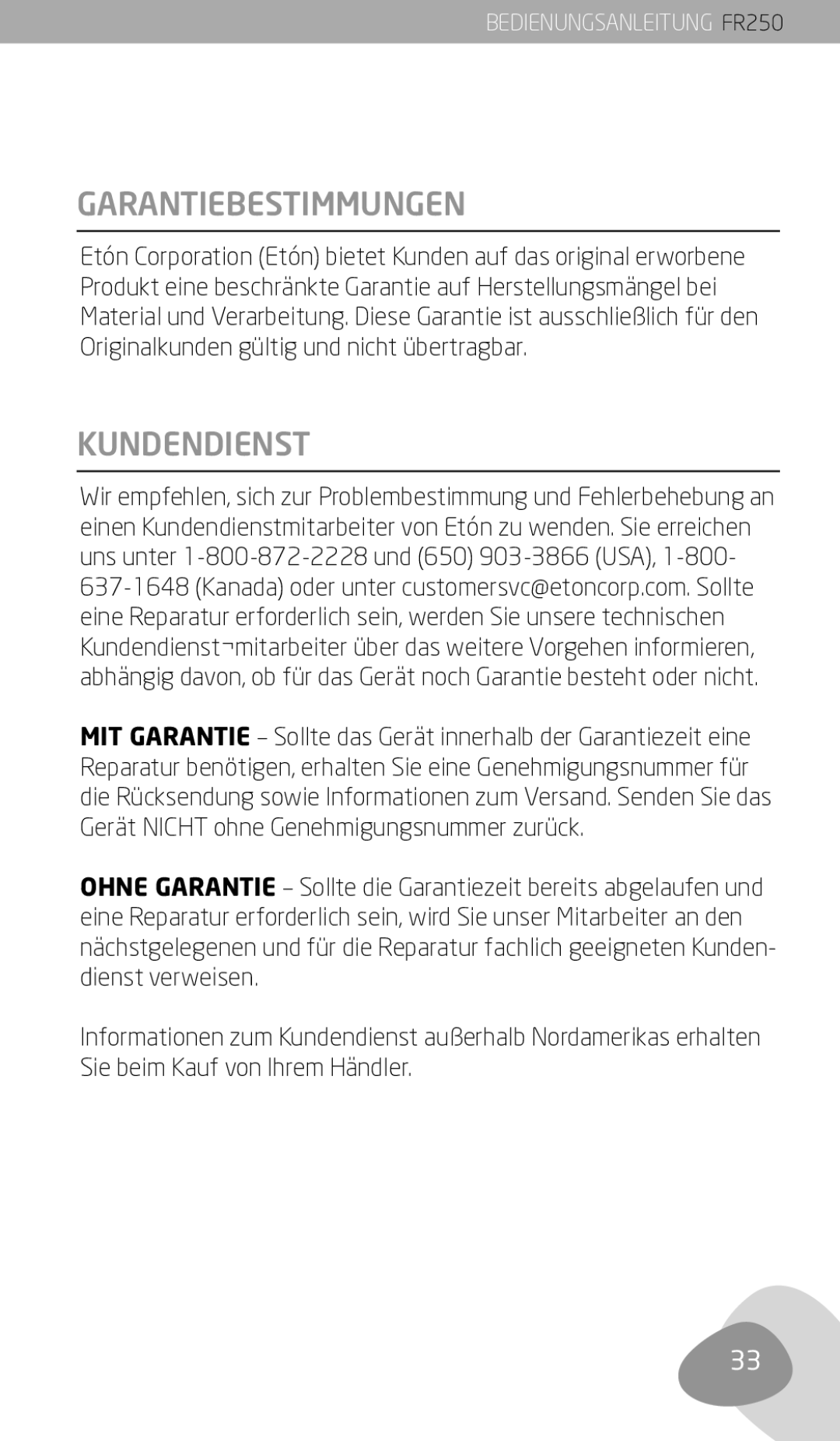 Eton FR250 owner manual Garantiebestimmungen, Kundendienst 