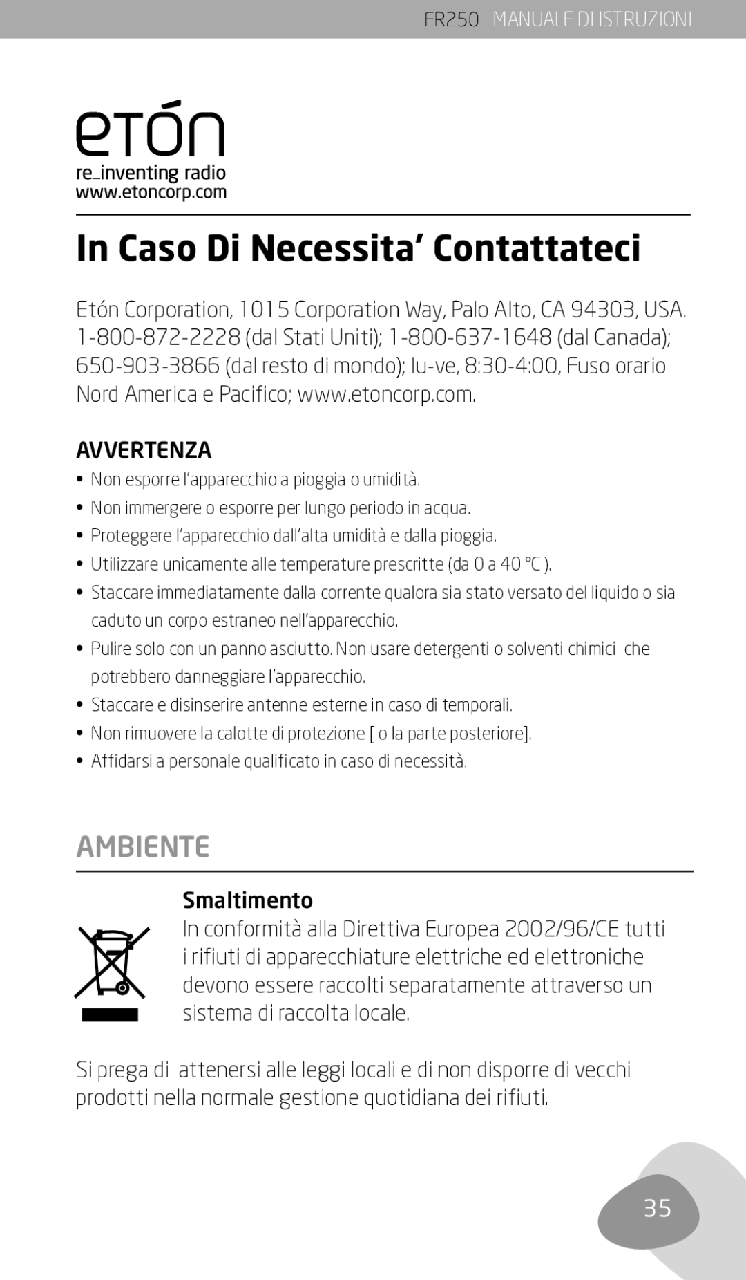 Eton FR250 owner manual Ambiente, Smaltimento 