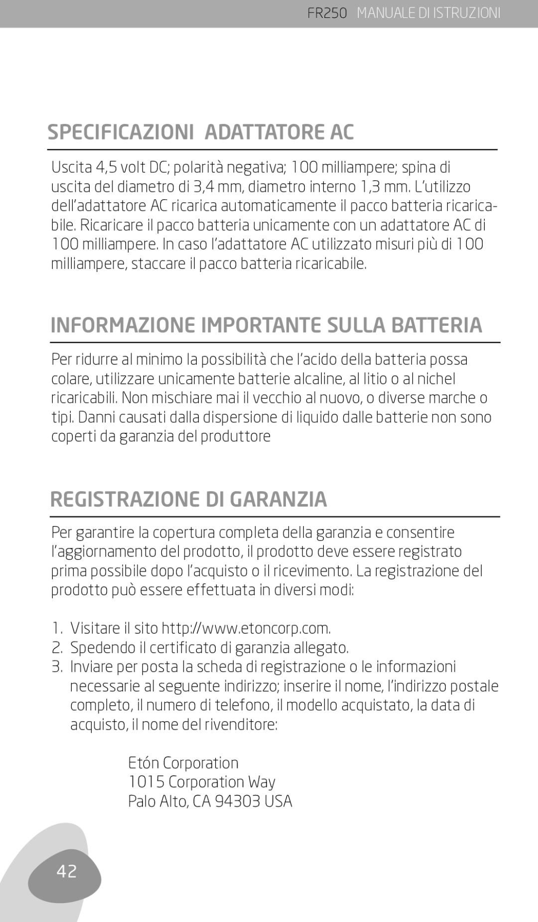 Eton FR250 owner manual Specificazioni Adattatore AC, Informazione Importante Sulla Batteria, Registrazione DI Garanzia 