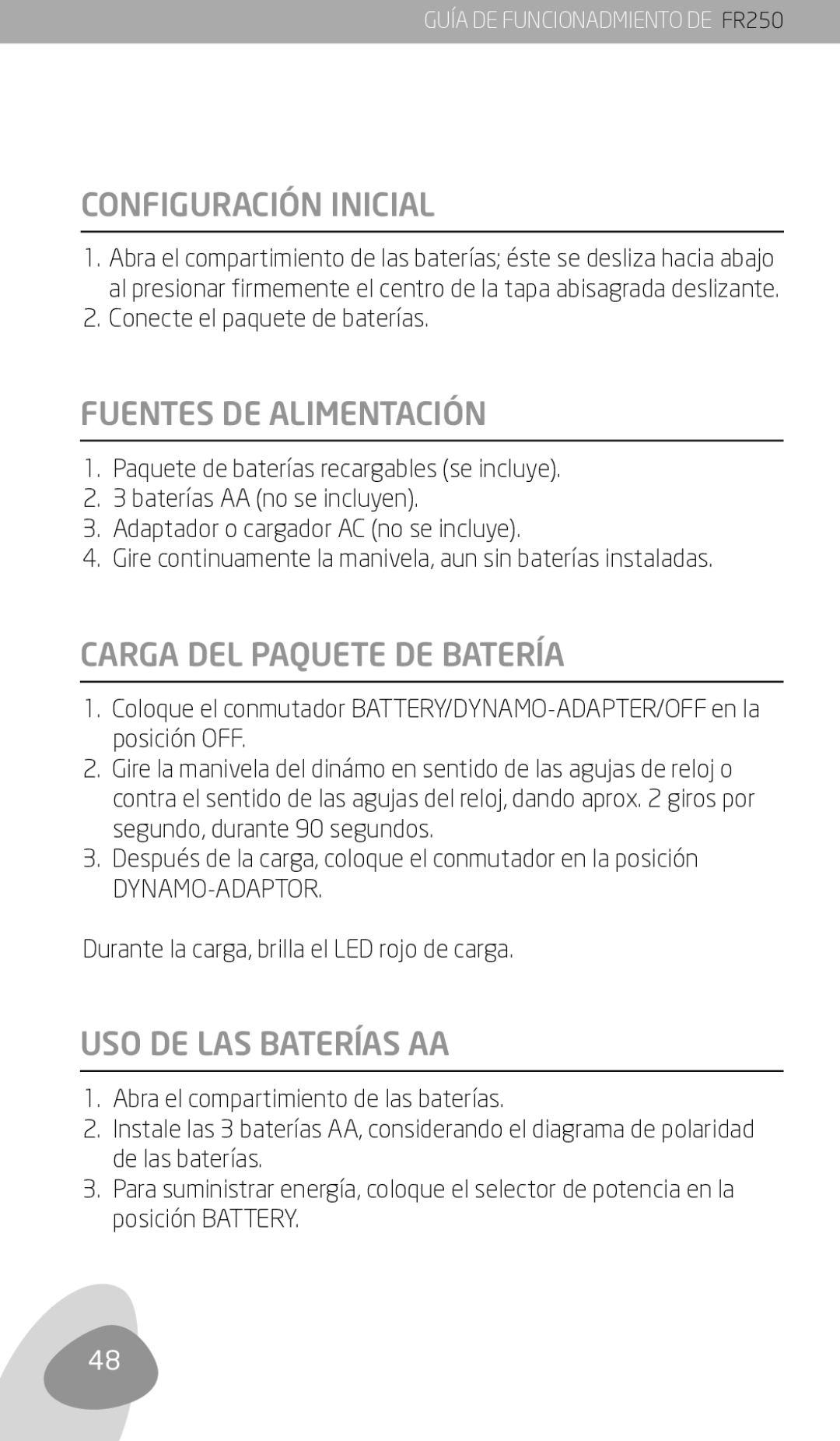 Eton FR250 Configuración Inicial, Fuentes DE Alimentación, Carga DEL Paquete DE Batería, USO DE LAS Baterías AA 