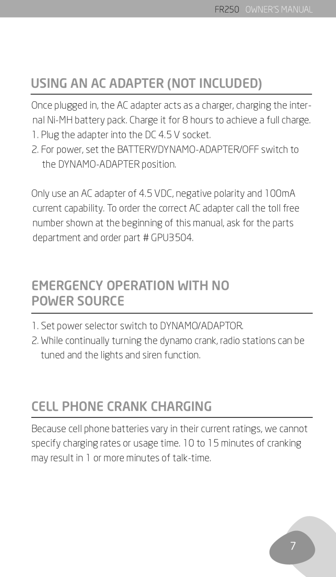 Eton FR250 Using AN AC Adapter not Included, Emergency Operation with no Power Source, Cell Phone Crank Charging 