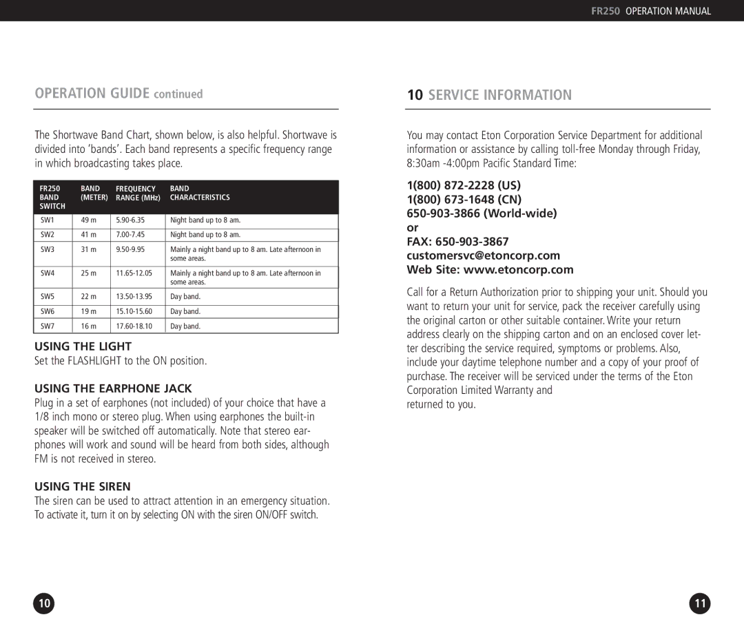 Eton FR250 operation manual Service Information, Using the Light, Using the Earphone Jack, Using the Siren 