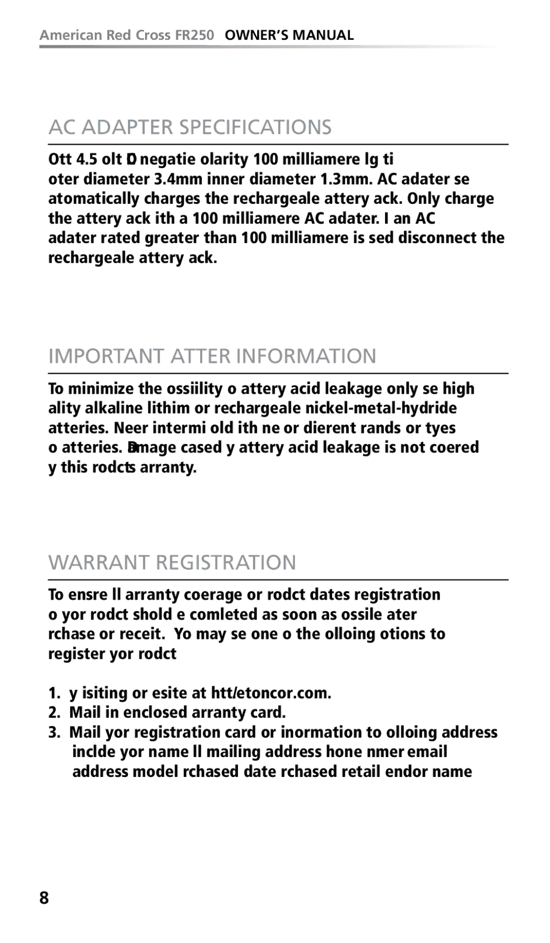 Eton FR250 owner manual AC Adapter Specifications, Important Battery Information, Warranty Registration 