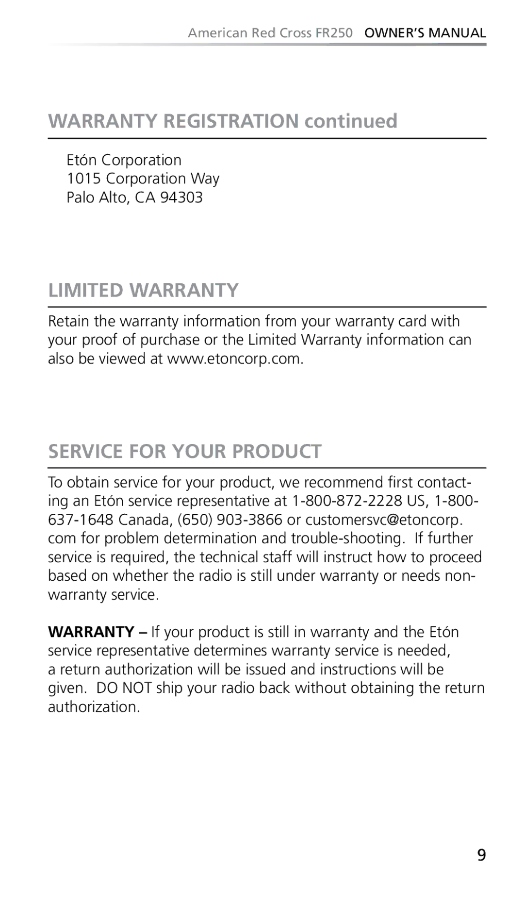 Eton FR250 owner manual Warranty Registration, Limited Warranty Service for Your Product 