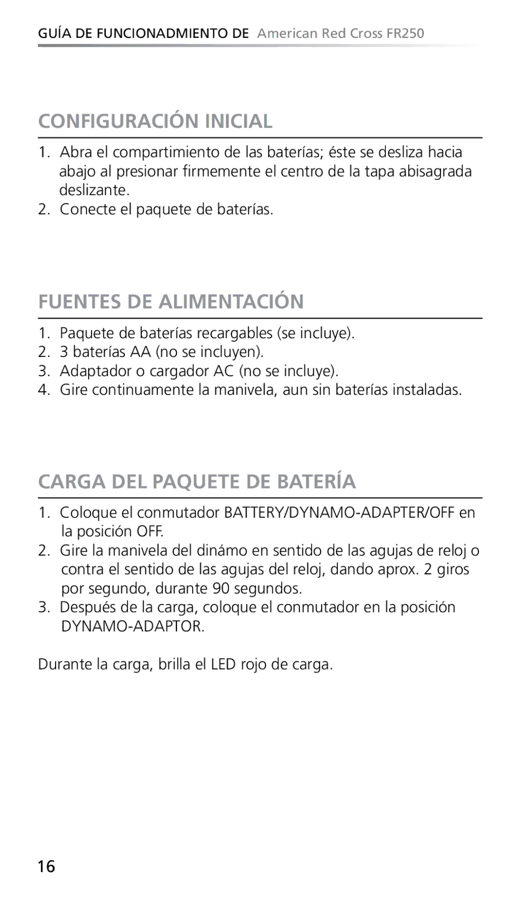 Eton FR250 owner manual Configuración Inicial, Fuentes DE Alimentación, Carga DEL Paquete DE Batería 