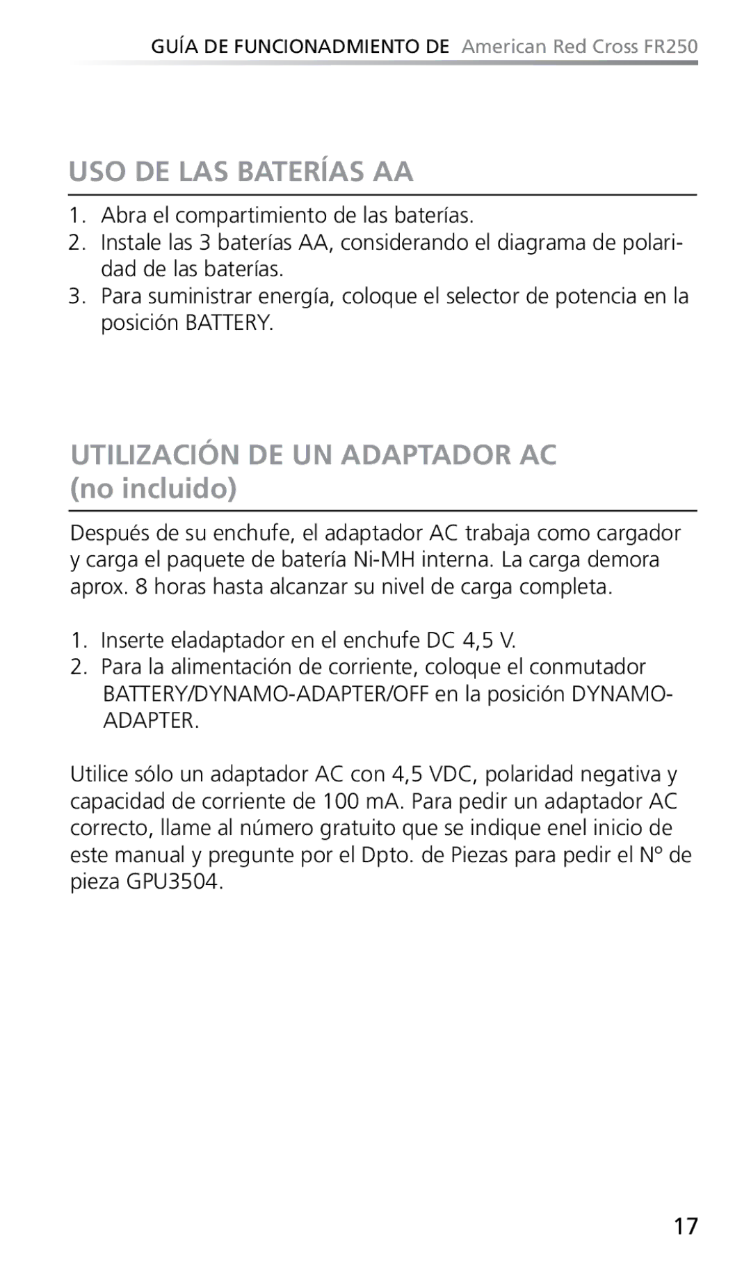 Eton FR250 owner manual USO DE LAS Baterías AA, Utilización DE UN Adaptador AC no incluido 