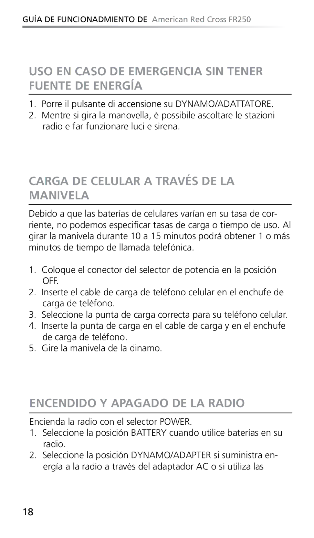 Eton FR250 owner manual USO EN Caso DE Emergencia SIN Tener Fuente DE Energía, Carga DE Celular a Través DE LA Manivela 