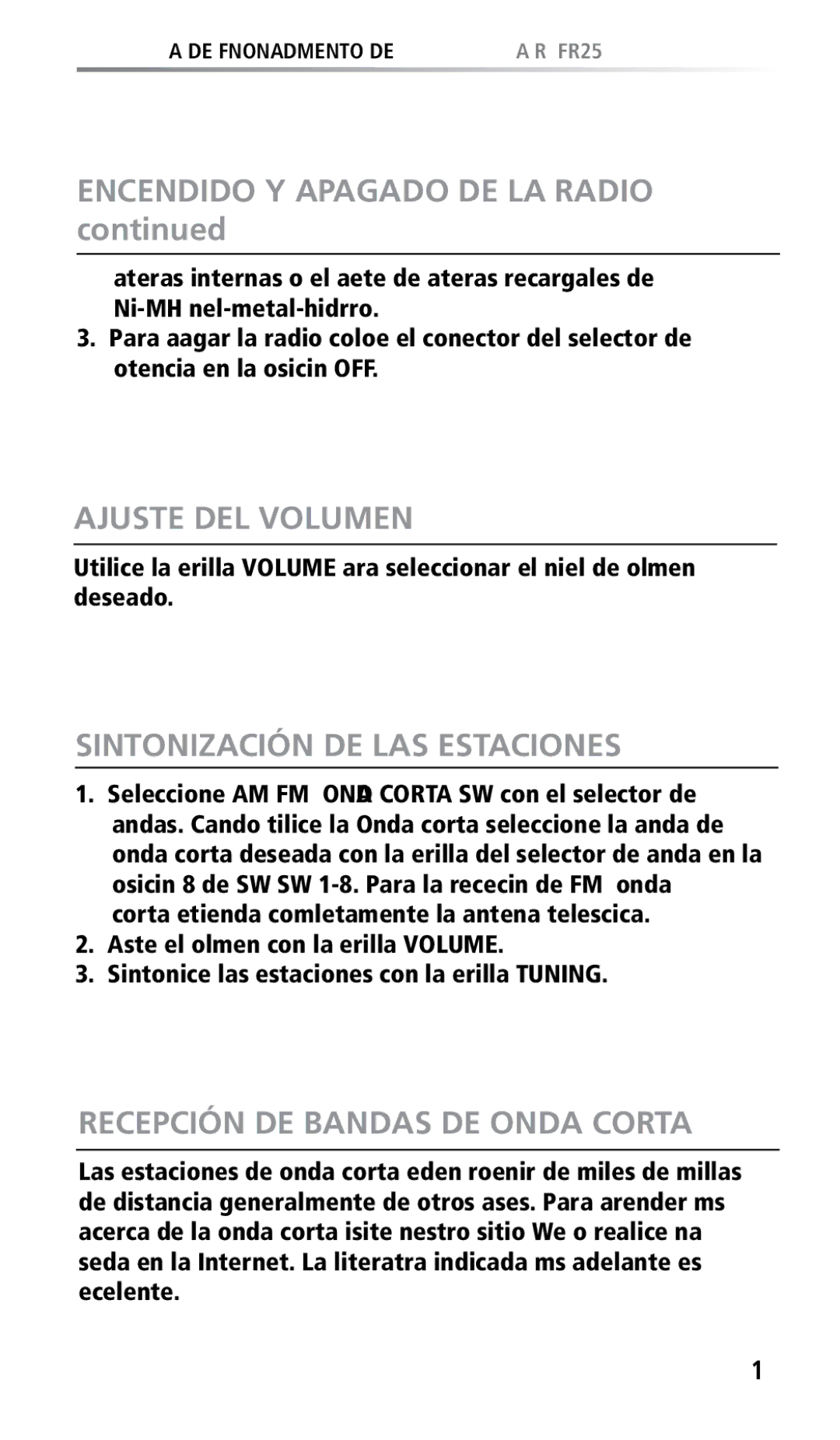 Eton FR250 owner manual Encendido Y Apagado DE LA Radio, Ajuste DEL Volumen, Sintonización DE LAS Estaciones 