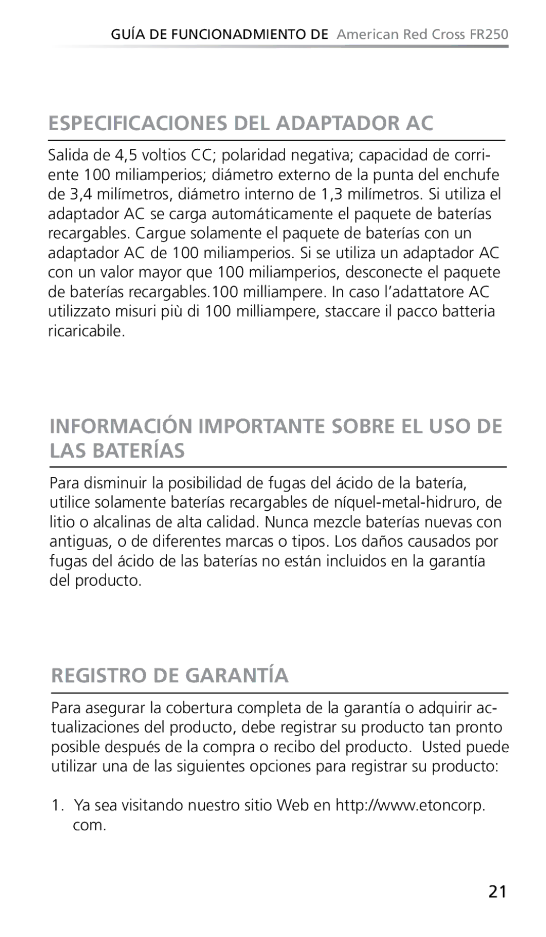 Eton FR250 Especificaciones DEL Adaptador AC, Información Importante Sobre EL USO DE LAS Baterías, Registro DE Garantía 