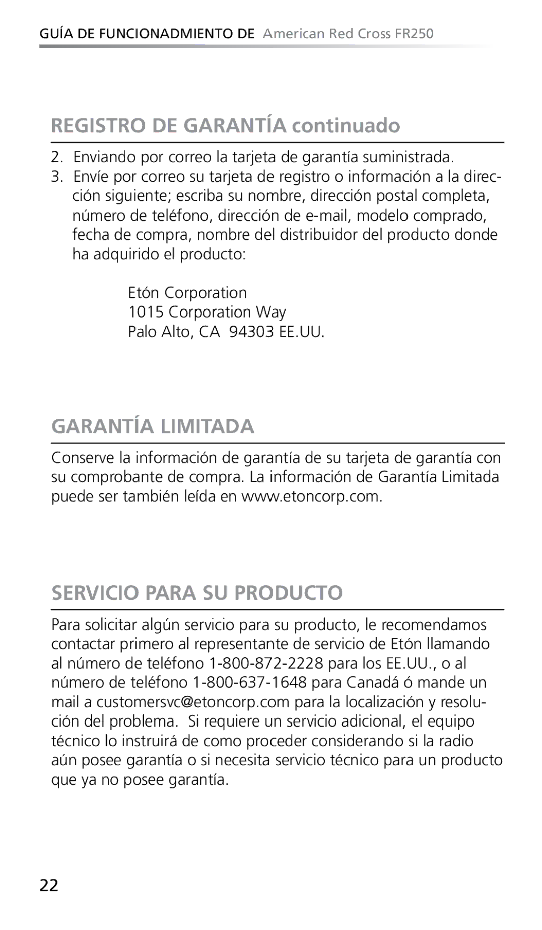 Eton FR250 owner manual Registro DE Garantía continuado, Garantía Limitada Servicio Para SU Producto 