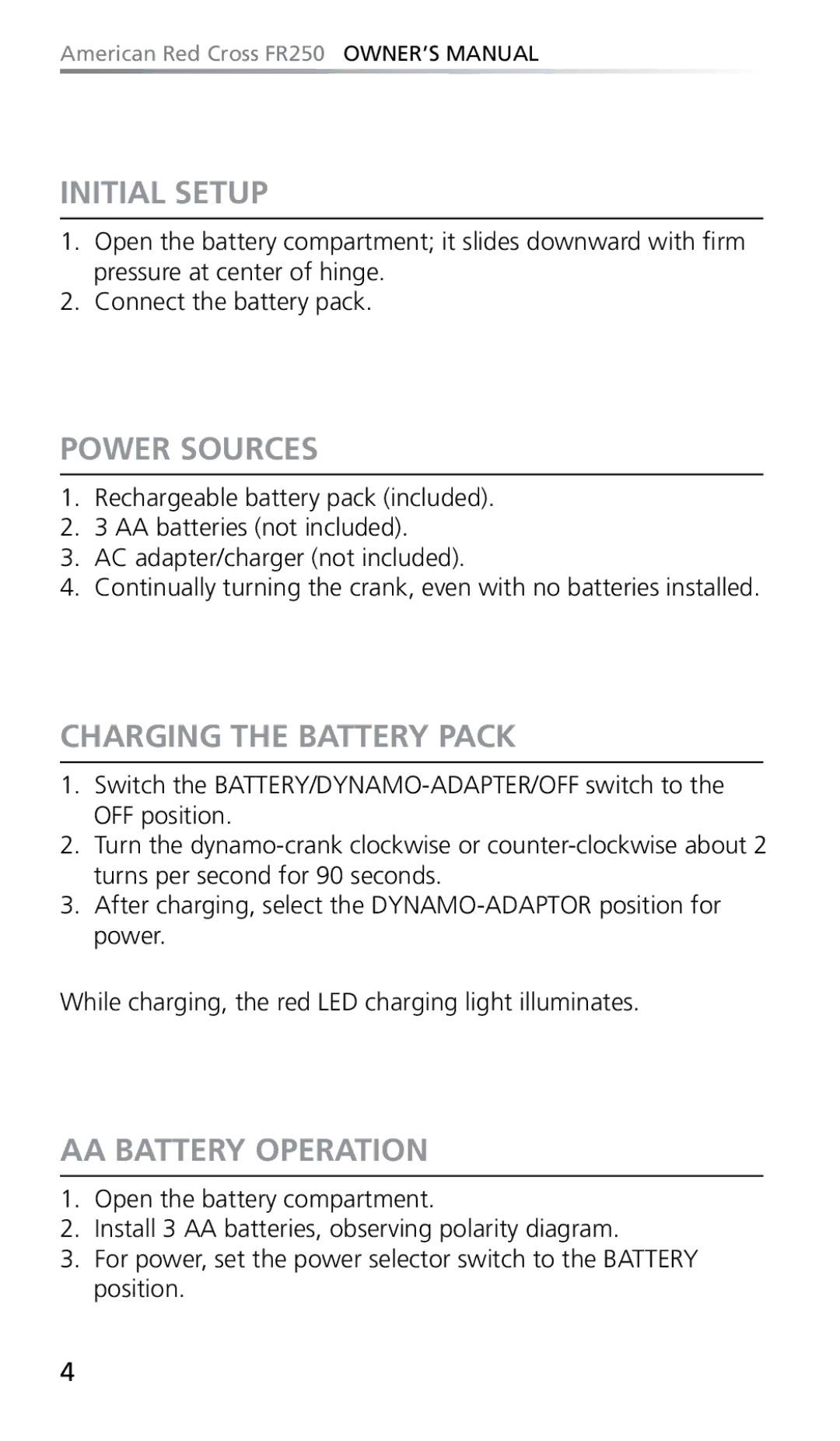 Eton FR250 owner manual Initial Setup, Power Sources, Charging the Battery Pack, AA Battery Operation 