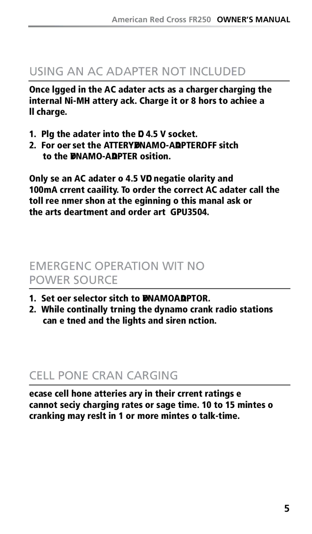 Eton FR250 Using AN AC Adapter not Included, Emergency Operation with no Power Source, Cell Phone Crank Charging 