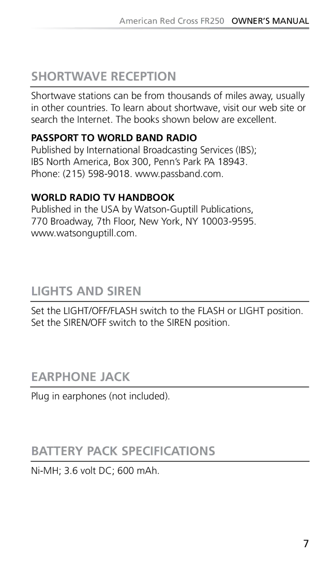 Eton FR250 owner manual Shortwave Reception, Lights and Siren, Earphone Jack, Battery Pack Specifications 