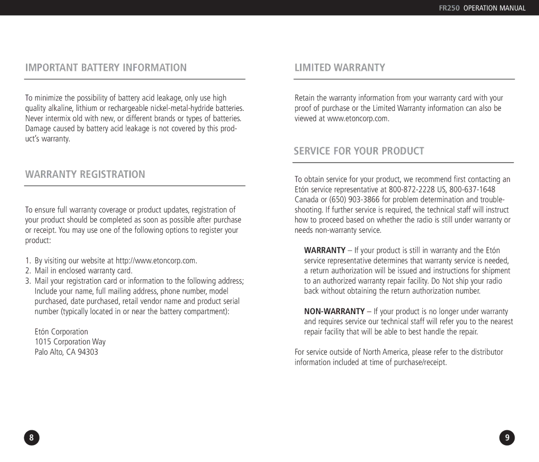 Eton FR250 operation manual Important Battery Information, Warranty Registration, Limited Warranty Service for Your Product 