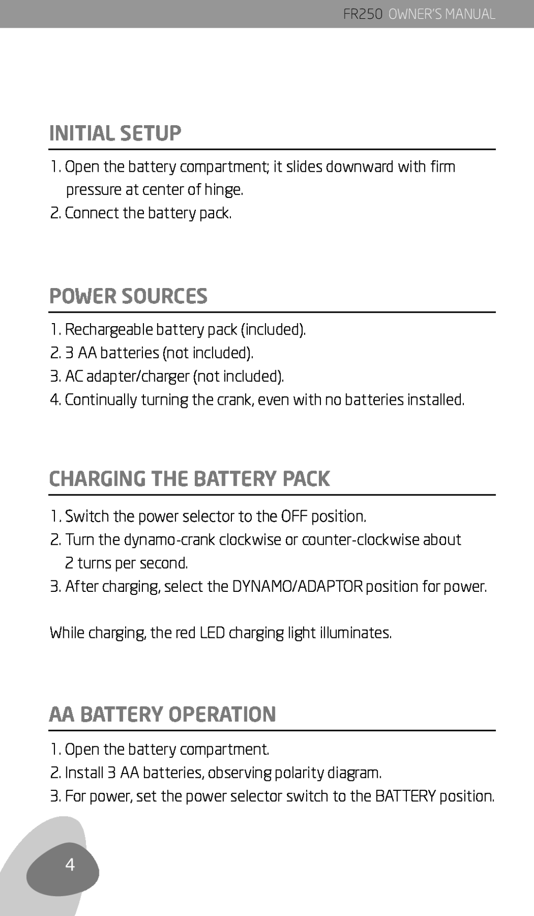 Eton FR250 owner manual Initial Setup, Power Sources, Charging The Battery Pack, Aa Battery Operation 
