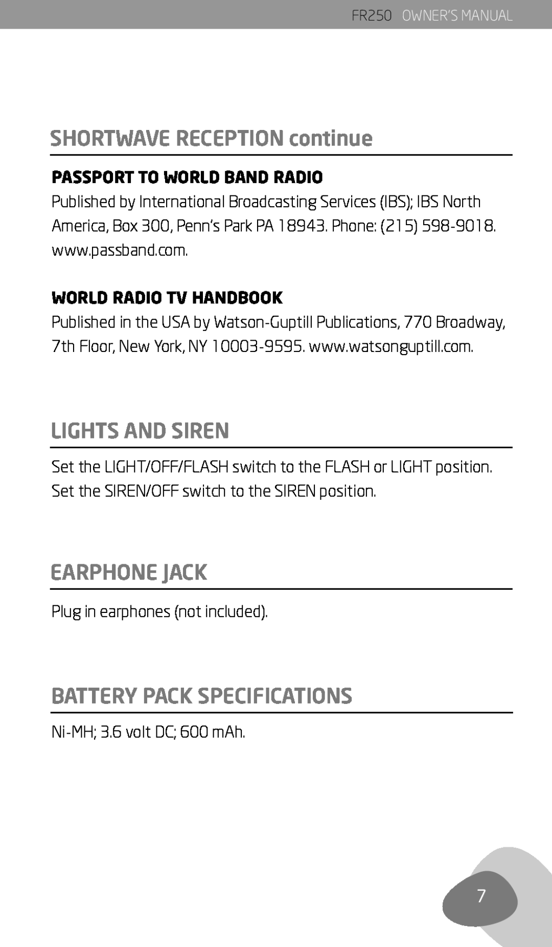 Eton FR250 owner manual SHORTWAVE RECEPTION continue, Lights And Siren, Earphone Jack, Battery Pack Specifications 
