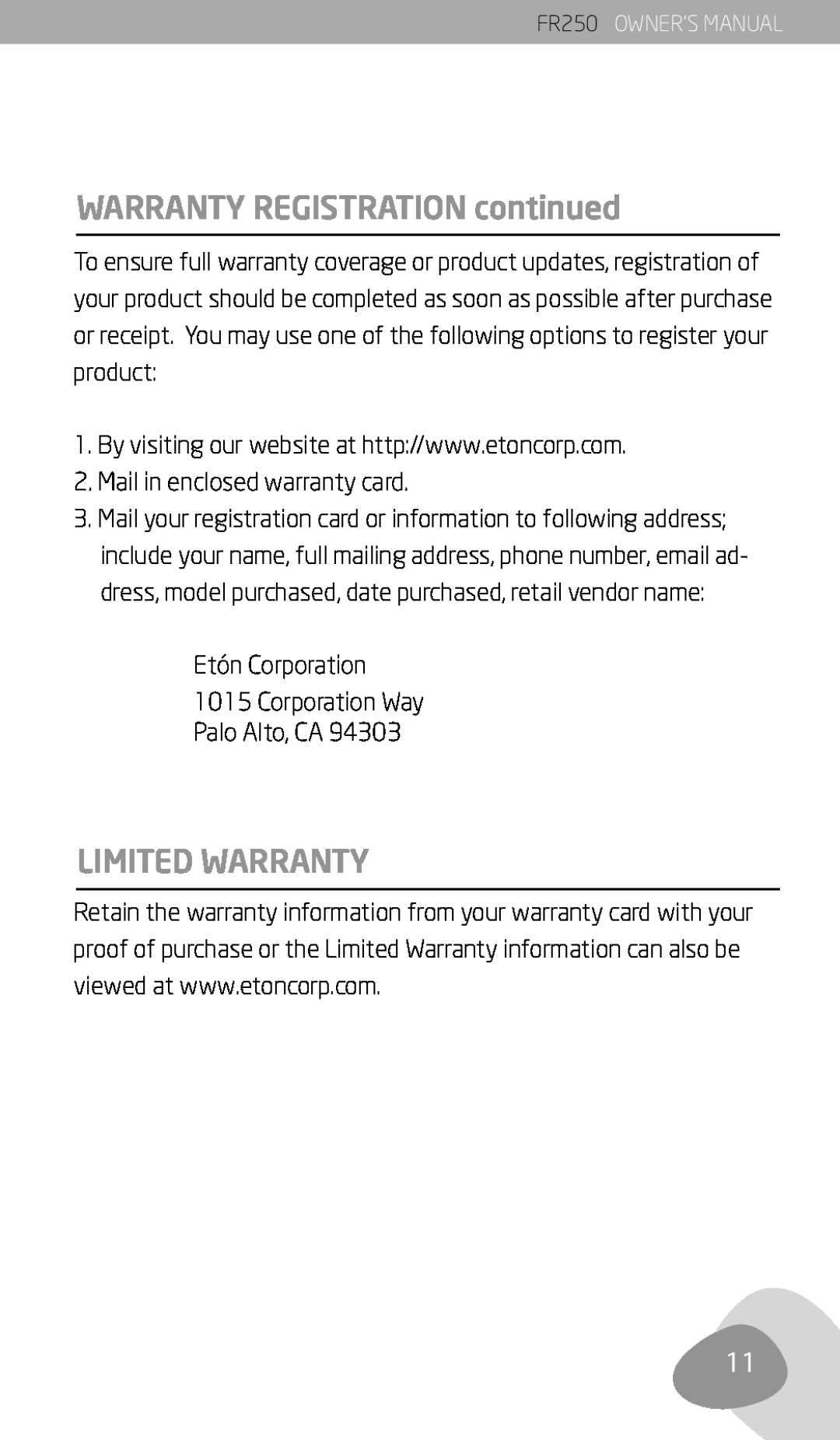 Eton FR250 owner manual WARRANTY REGISTRATION continued, Limited Warranty 