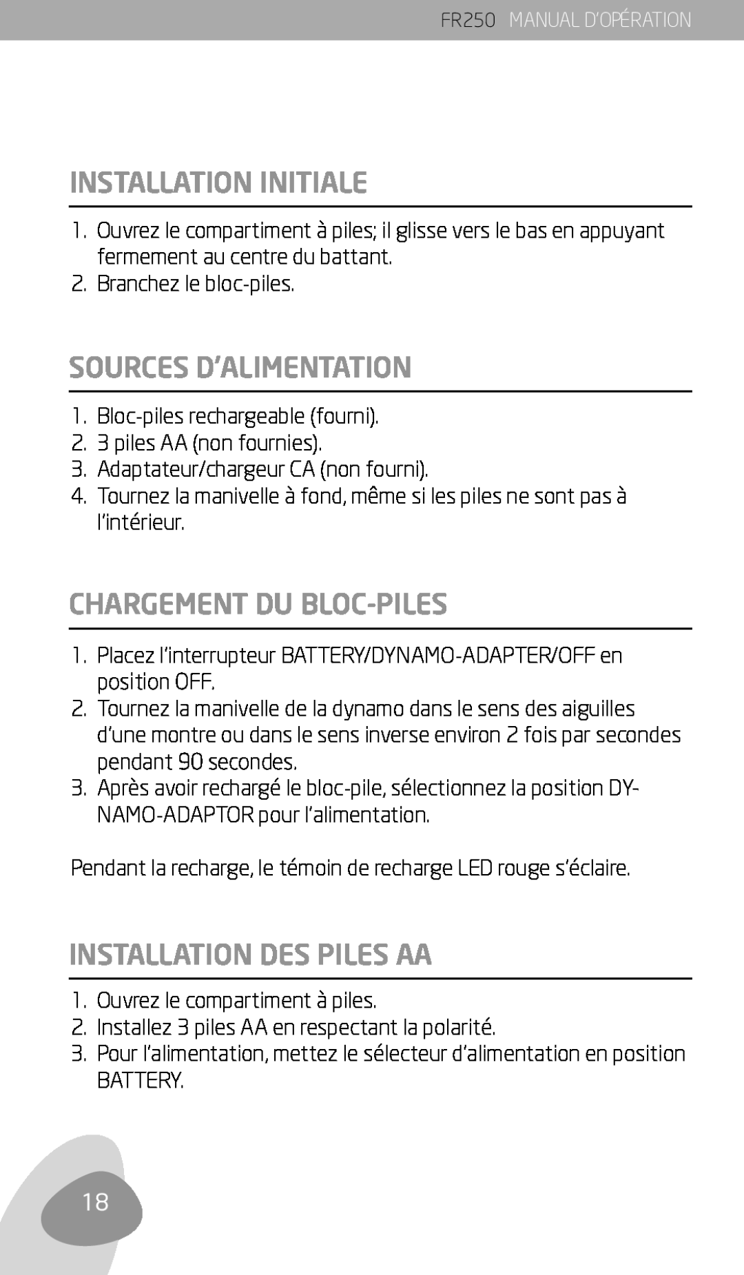 Eton FR250 owner manual Installation Initiale, Sources D’Alimentation, Chargement Du Bloc-Piles, Installation Des Piles Aa 