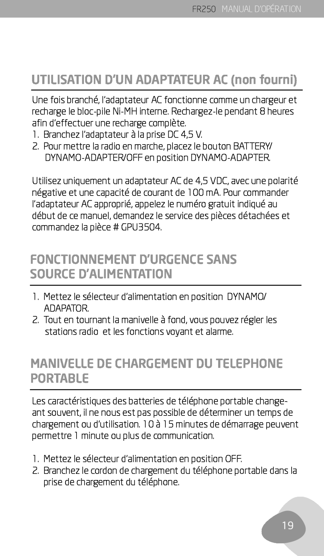 Eton FR250 owner manual UTILISATION D’UN ADAPTATEUR AC non fourni, Manivelle De Chargement Du Telephone Portable 
