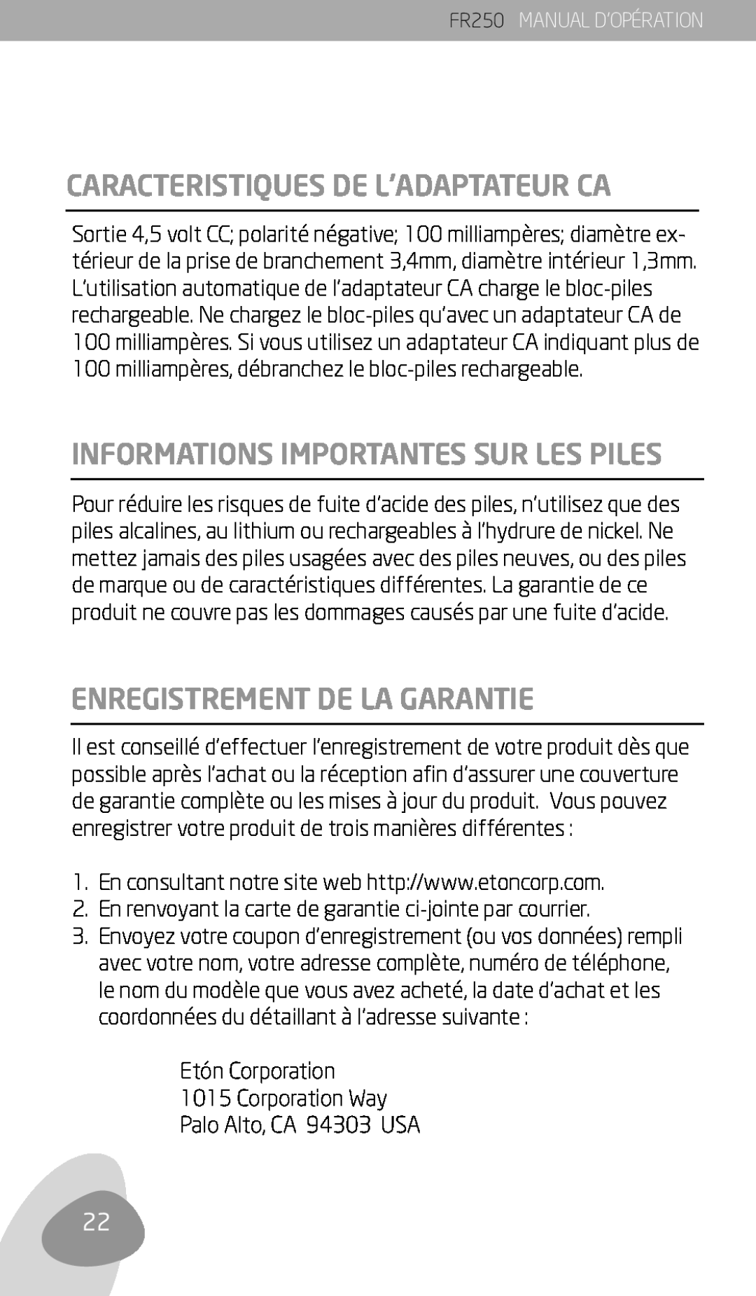 Eton FR250 Caracteristiques De L’Adaptateur Ca, Informations Importantes Sur Les Piles, Enregistrement De La Garantie 