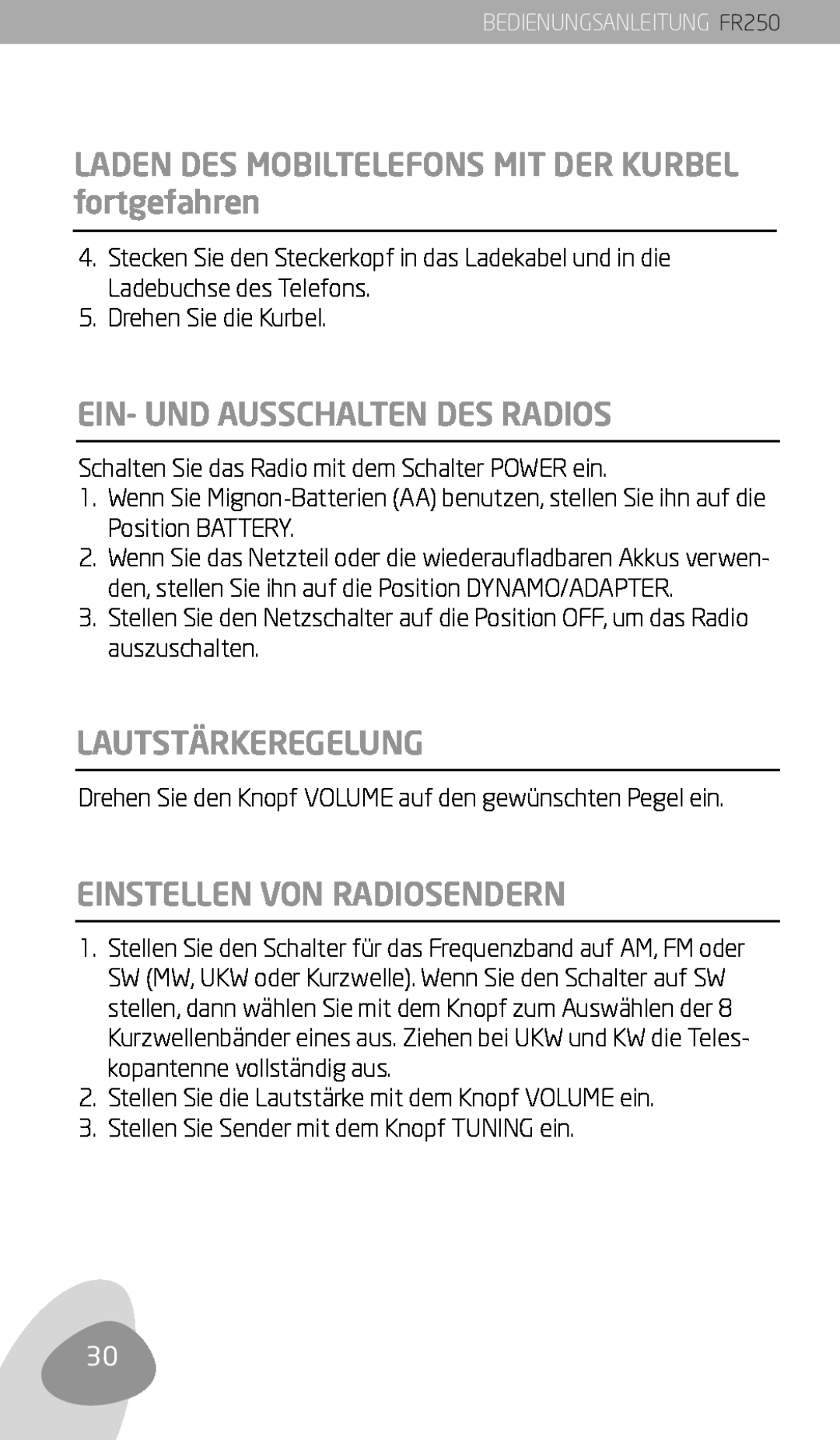 Eton FR250 owner manual Ein- Und Ausschalten Des Radios, Lautstärkeregelung, Einstellen Von Radiosendern 