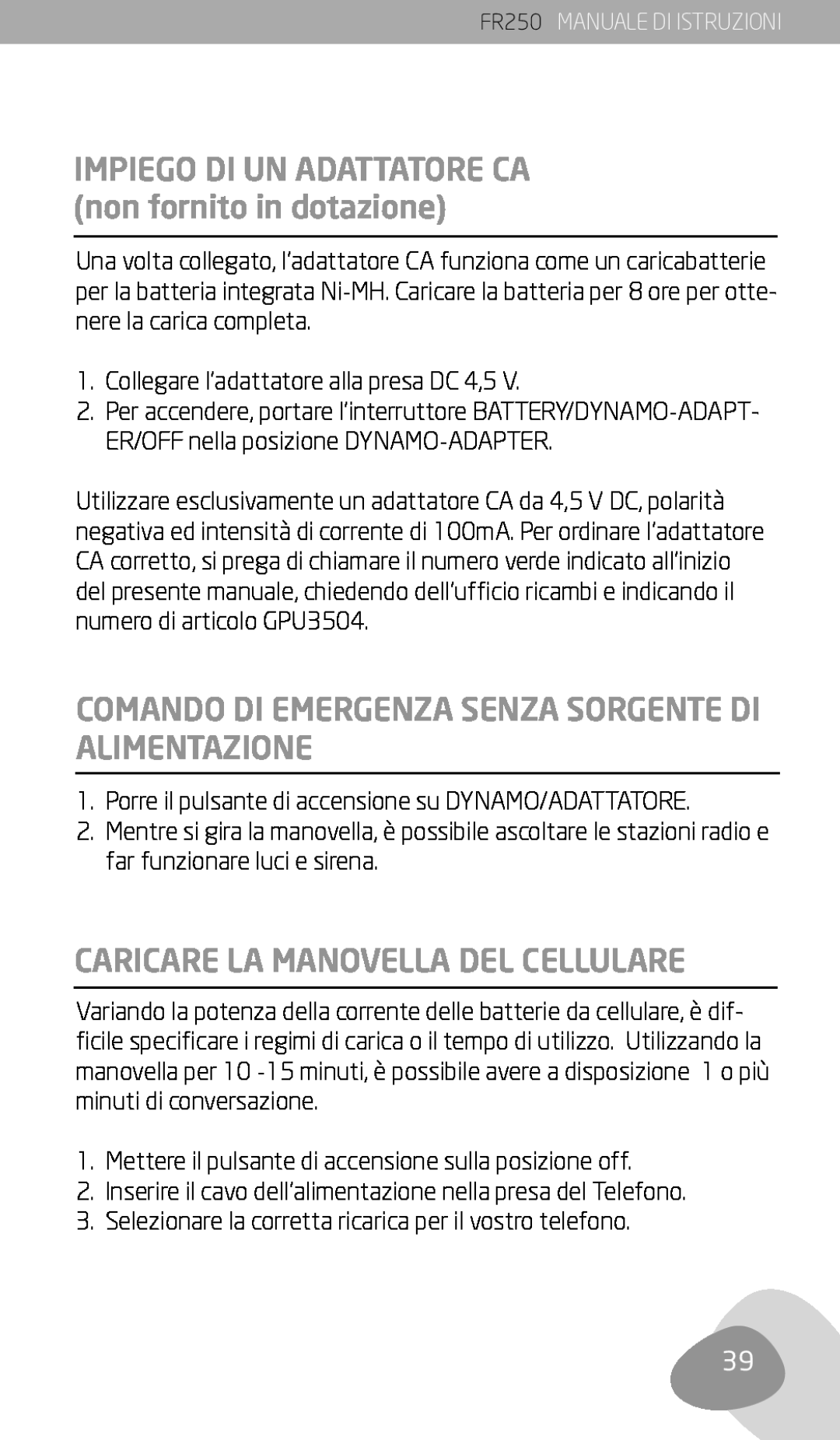 Eton FR250 owner manual Caricare La Manovella Del Cellulare 