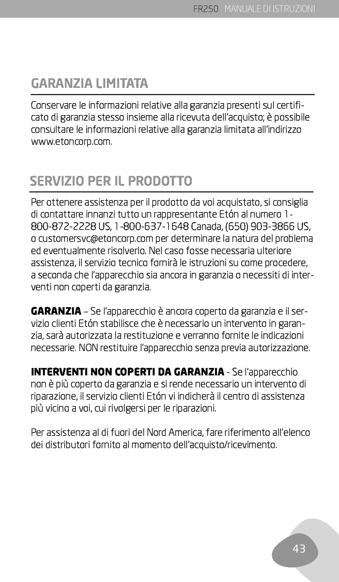 Eton owner manual Garanzia Limitata, Servizio Per Il Prodotto, FR250 MANUALE DI ISTRUZIONI 