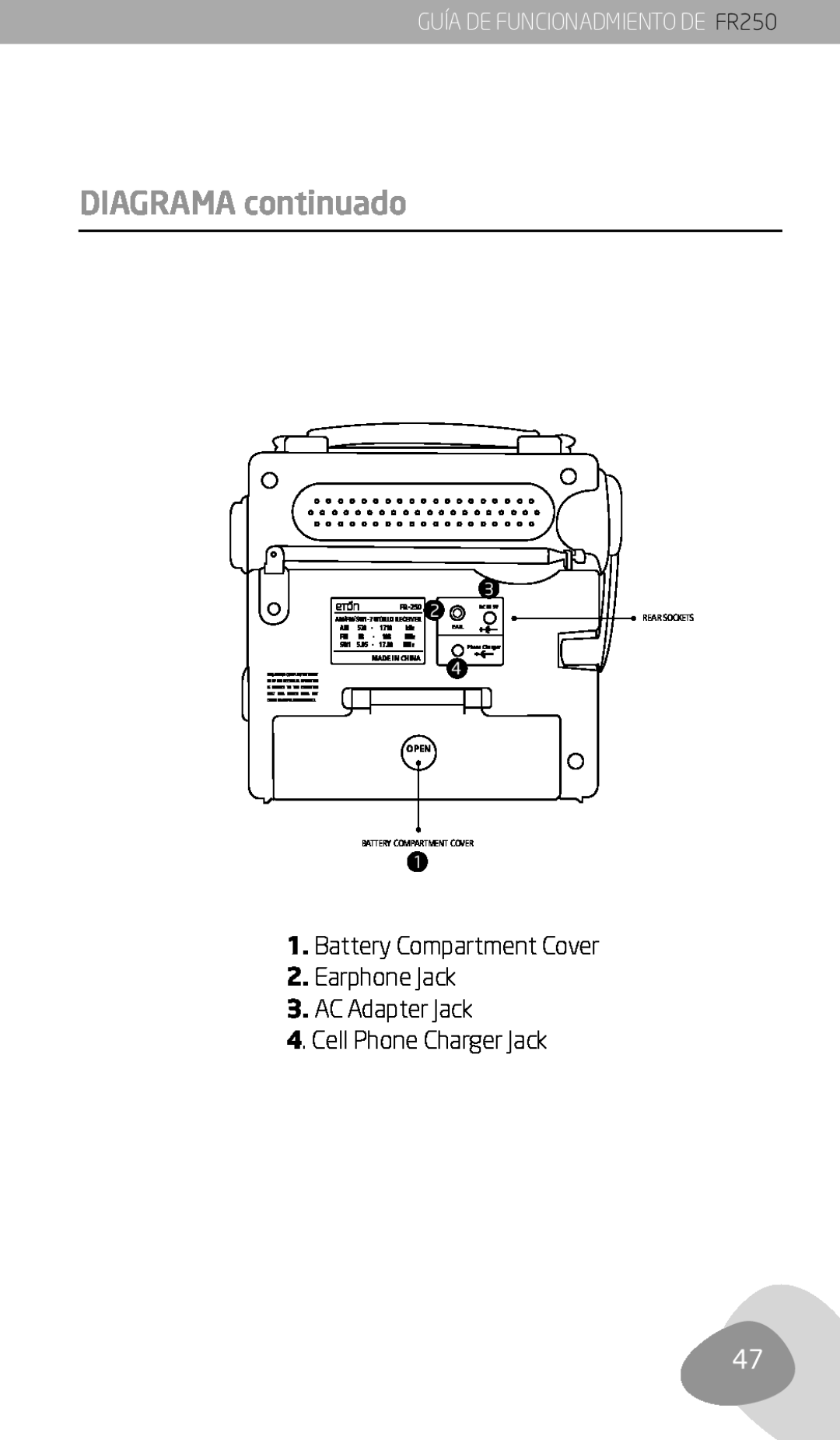 Eton owner manual Diagrama continuado, GUÍA DE FUNCIONADMIENTO DE FR250, Open, Battery Compartment Cover, Made In China 