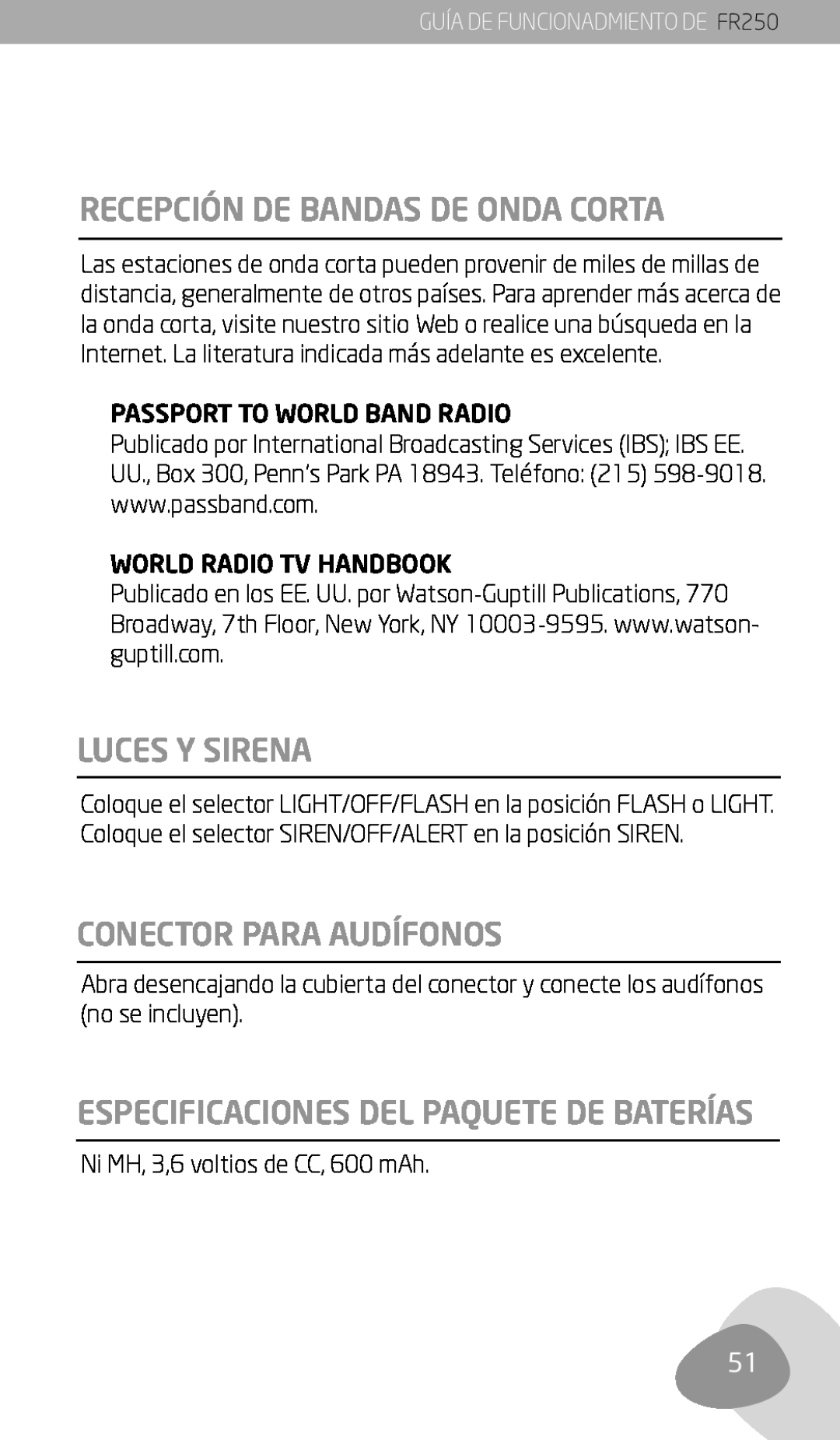 Eton FR250 owner manual Recepción De Bandas De Onda Corta, Luces Y Sirena, Conector Para Audífonos 