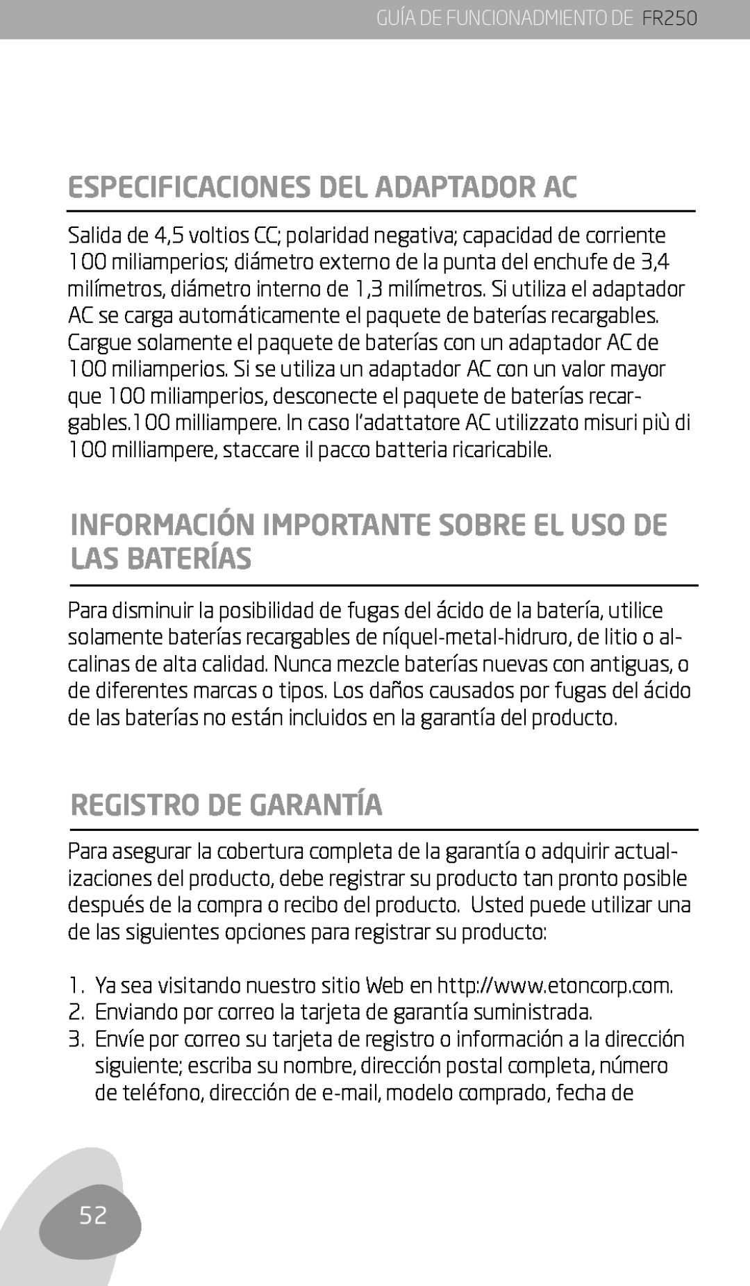 Eton owner manual Especificaciones Del Adaptador Ac, Registro De Garantía, GUÍA DE FUNCIONADMIENTO DE FR250 