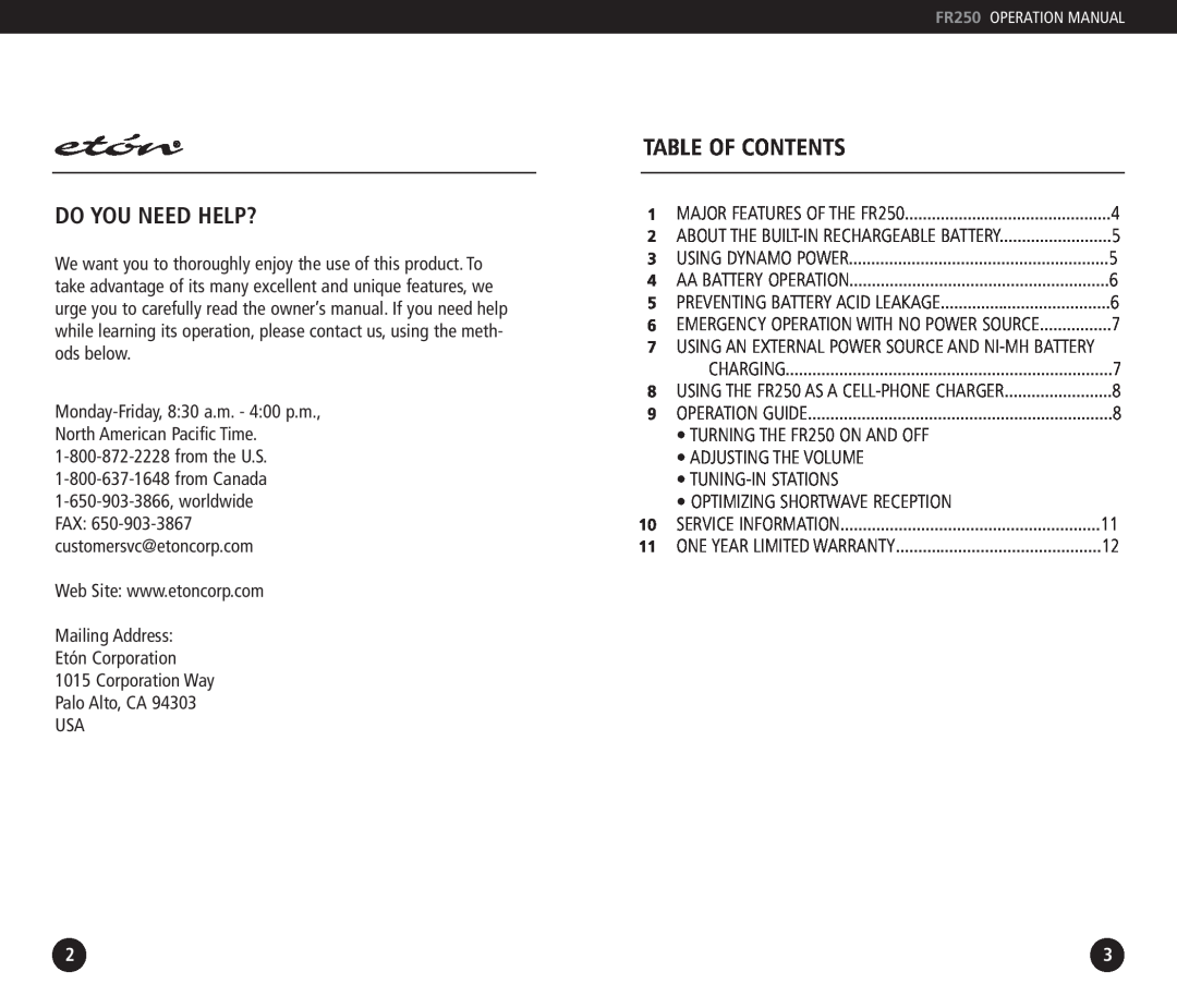 Eton FR250 operation manual Do You Need Help?, Table Of Contents 
