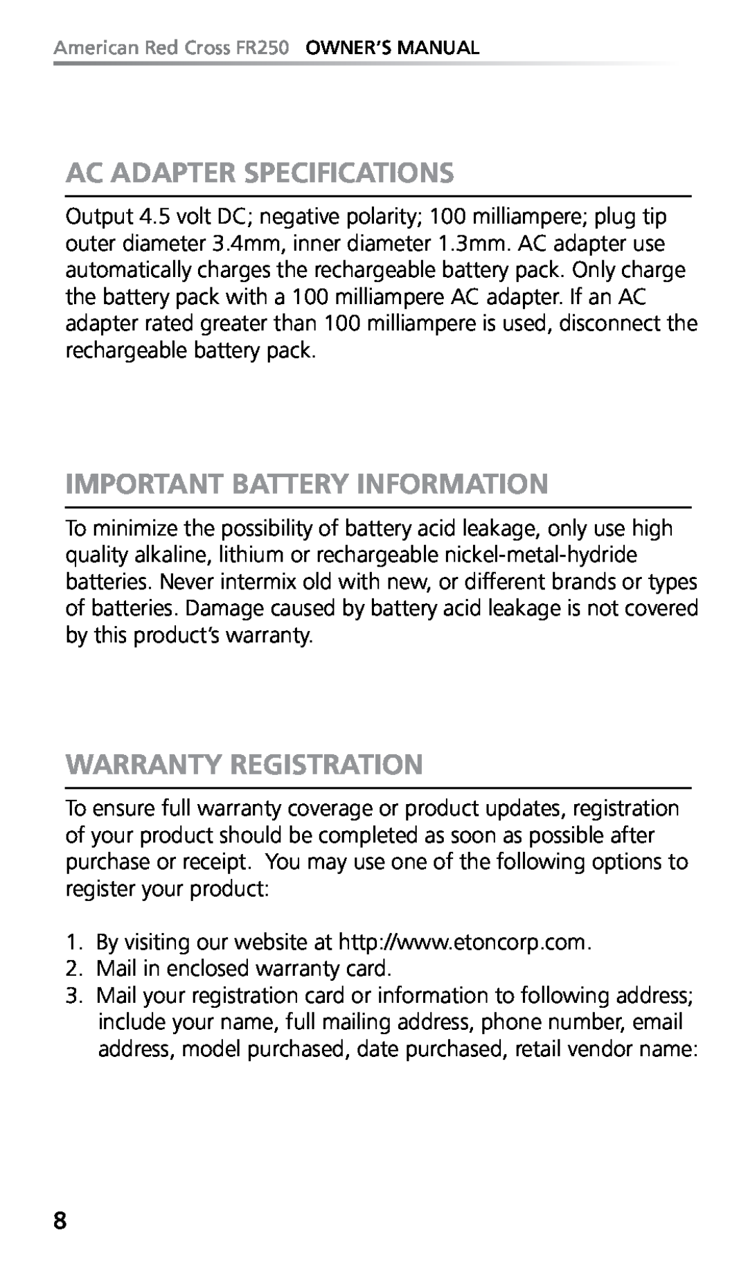 Eton FR250 owner manual Ac Adapter Specifications, Important Battery Information, Warranty Registration 