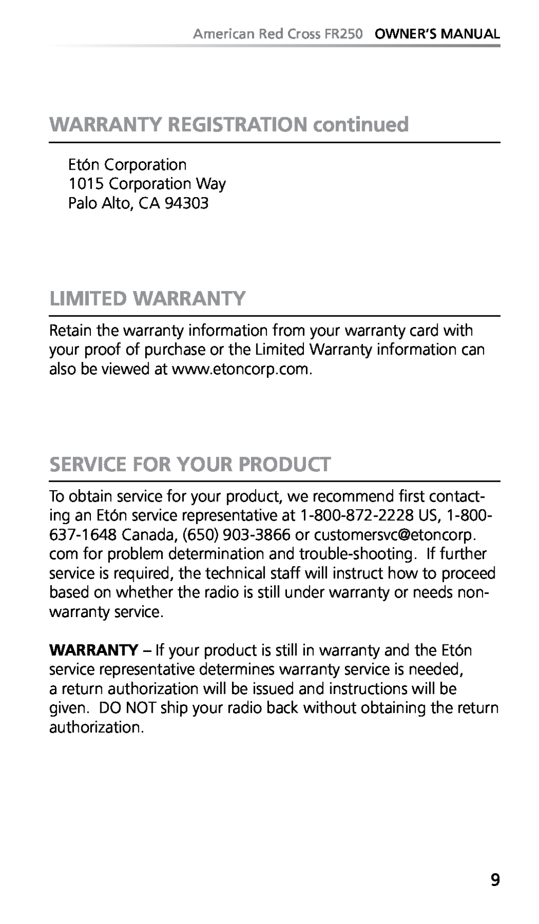 Eton FR250 owner manual WARRANTY REGISTRATION continued, Limited Warranty, Service For Your Product 