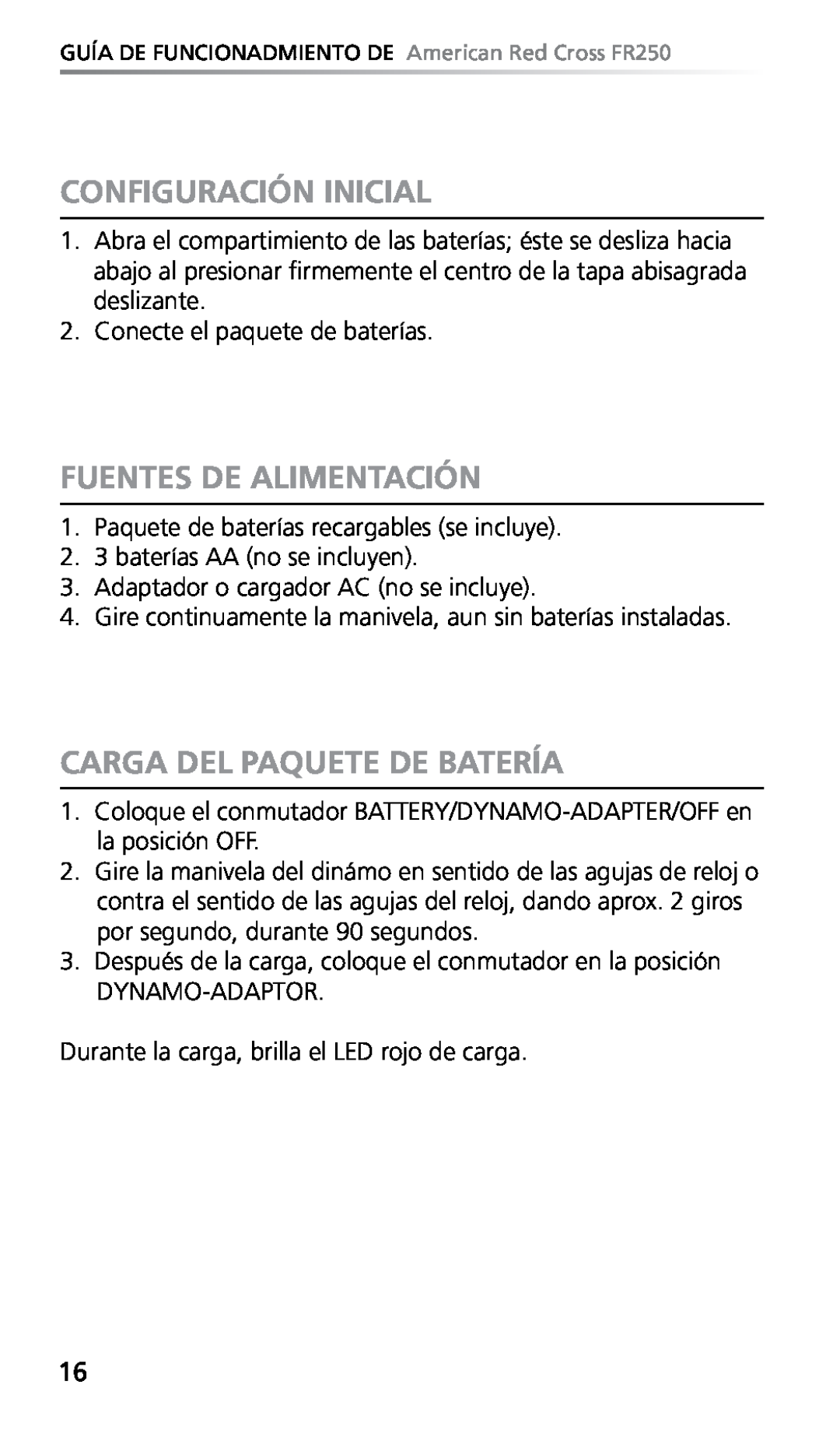 Eton FR250 owner manual Configuración Inicial, Fuentes De Alimentación, Carga Del Paquete De Batería 