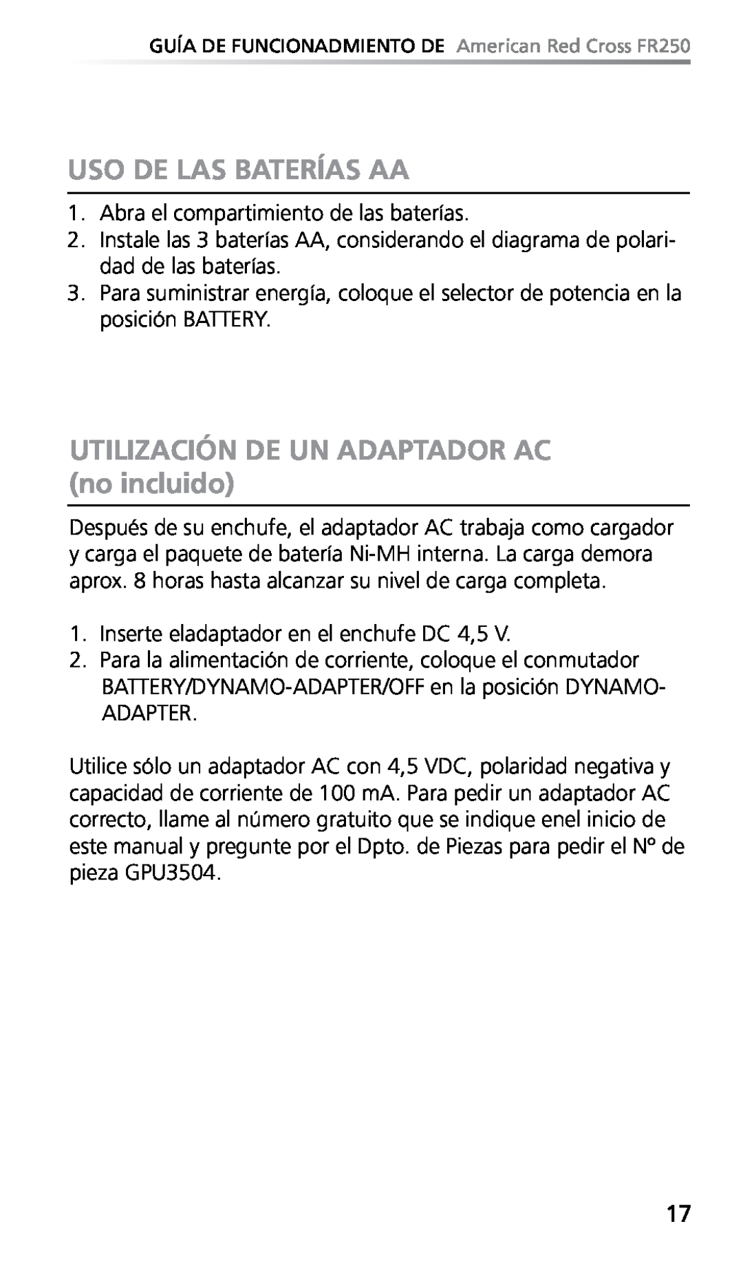 Eton FR250 owner manual Uso De Las Baterías Aa, UTILIZACIÓN DE UN ADAPTADOR AC no incluido 