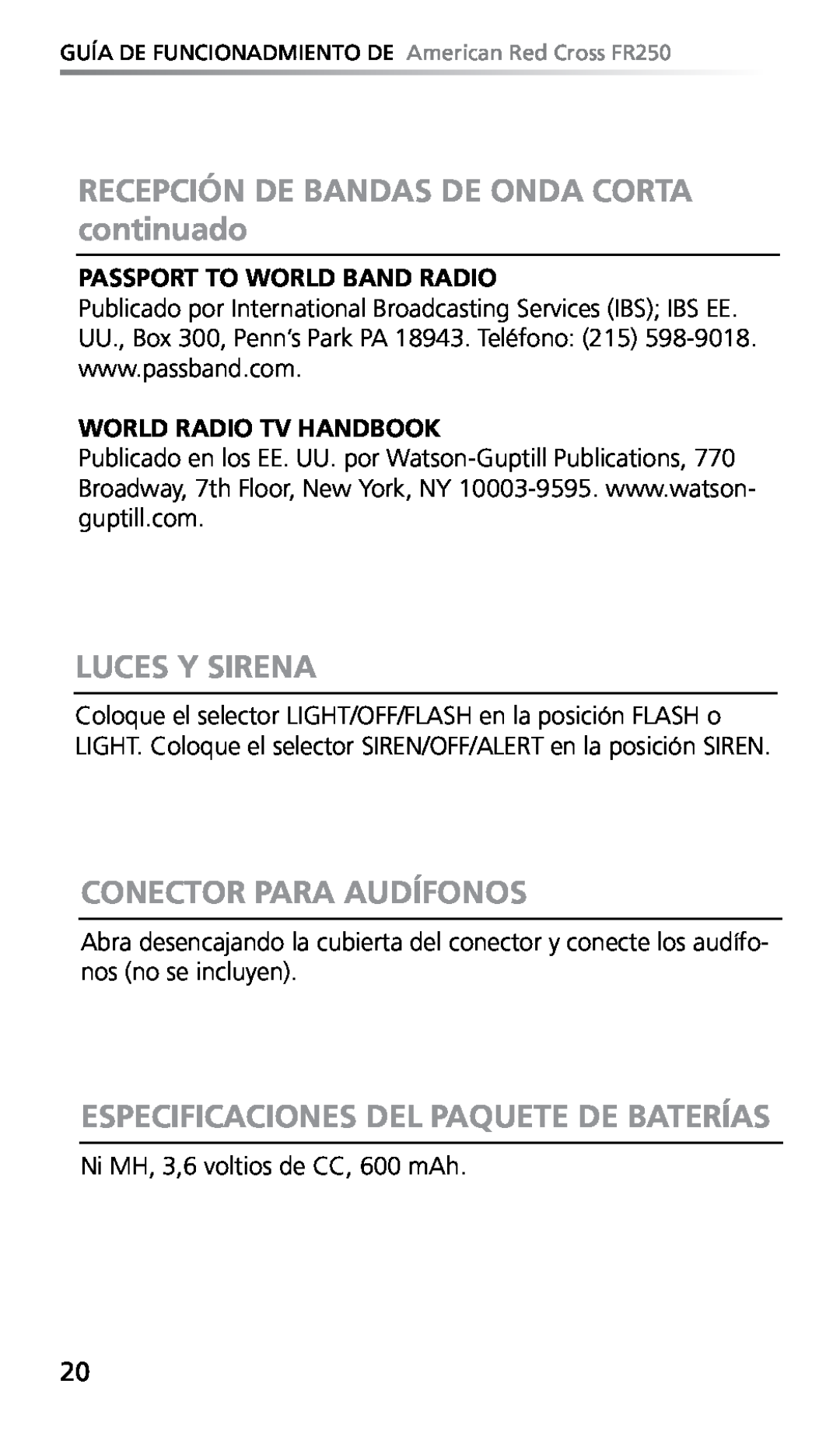 Eton FR250 owner manual RECEPCIÓN DE BANDAS DE ONDA CORTA continuado, Luces Y Sirena, Conector Para Audífonos 