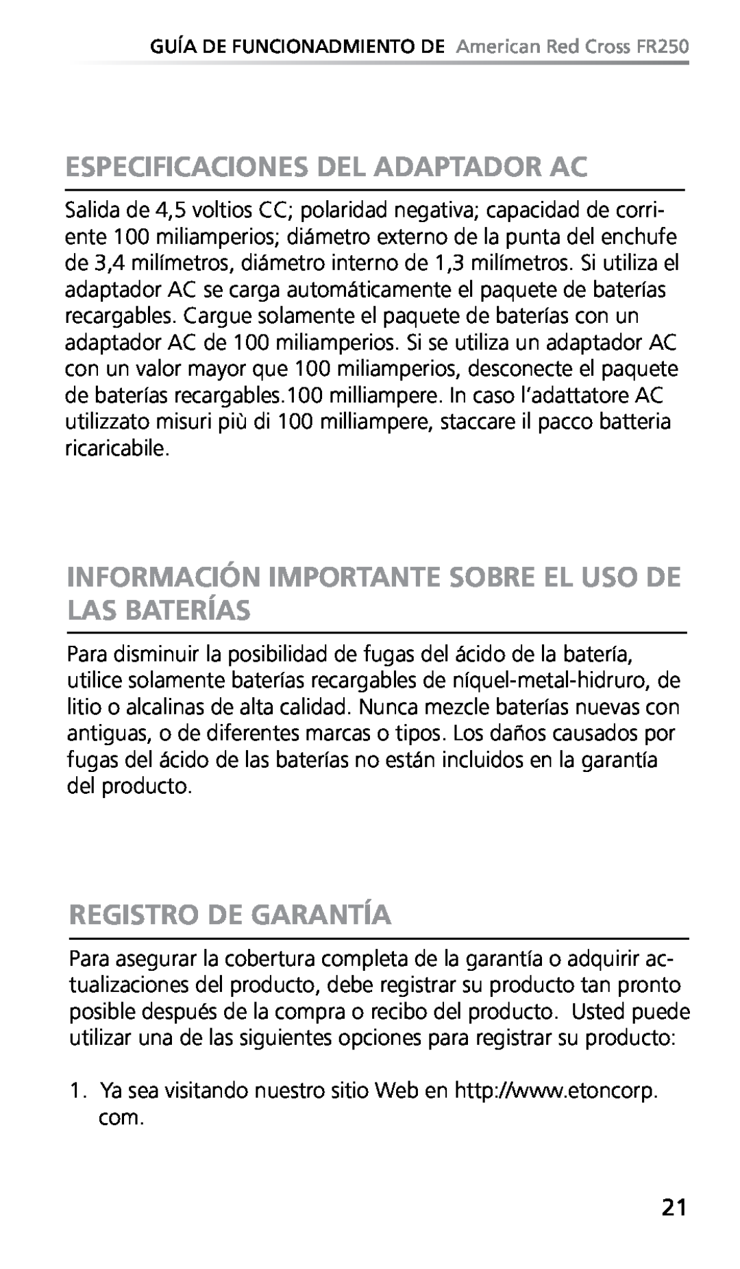 Eton FR250 owner manual Especificaciones Del Adaptador Ac, Registro De Garantía 