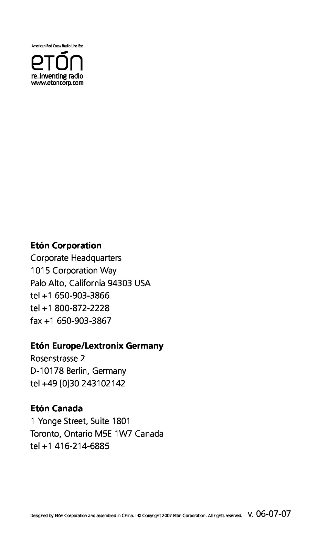 Eton FR250 owner manual Etón Corporation, Etón Europe/Lextronix Germany, Etón Canada 