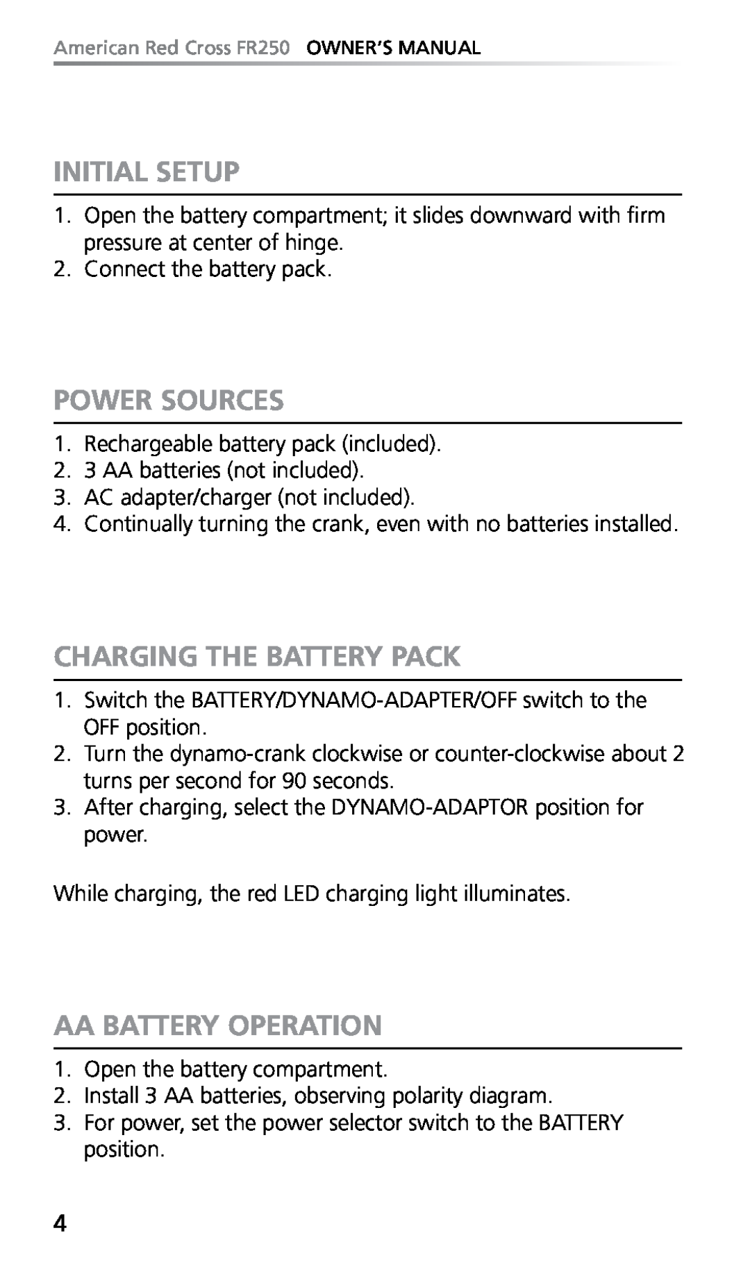 Eton FR250 owner manual Initial Setup, Power Sources, Charging The Battery Pack, Aa Battery Operation 