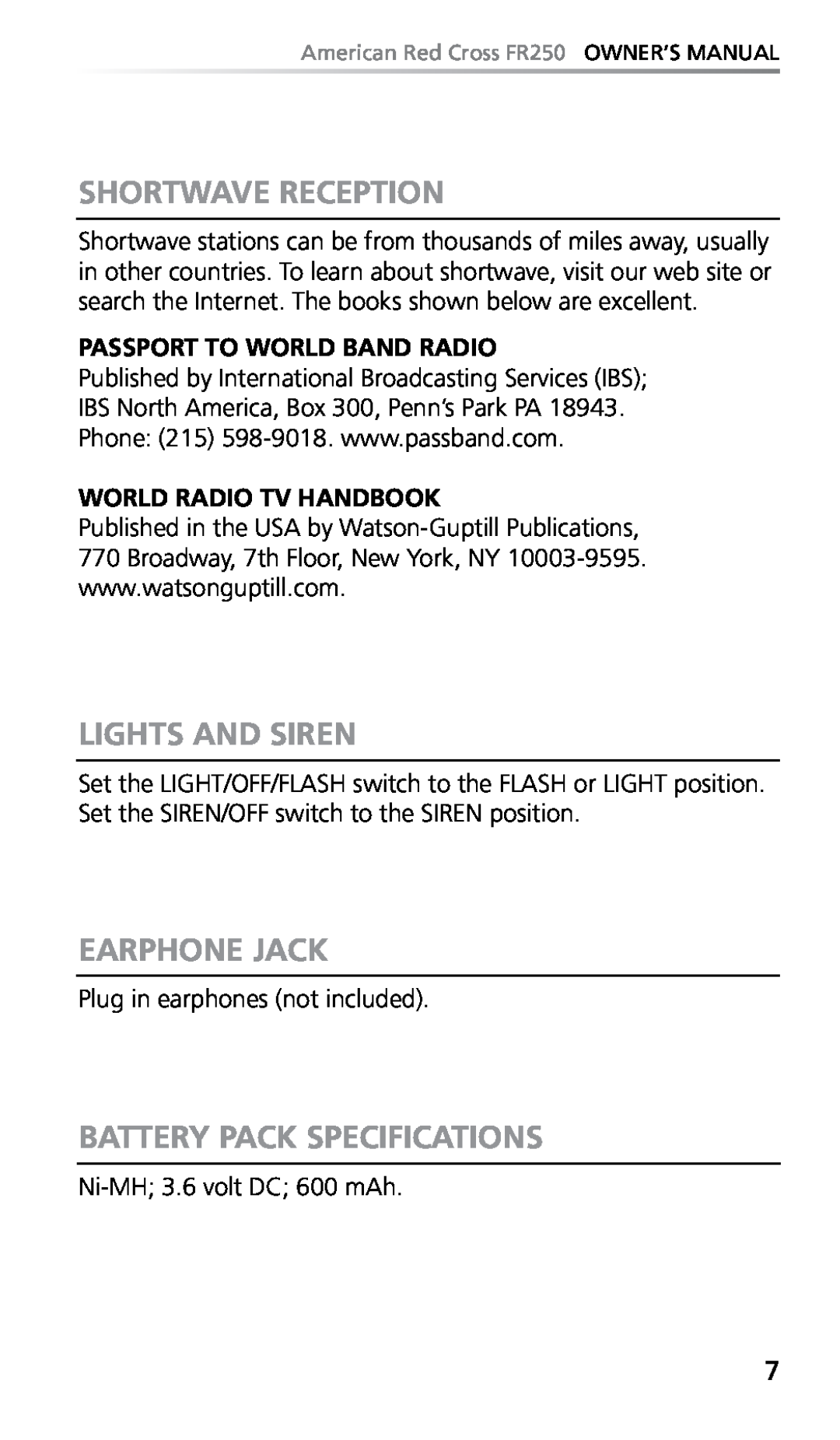 Eton FR250 Shortwave Reception, Lights And Siren, Earphone Jack, Battery Pack Specifications, Passport To World Band Radio 