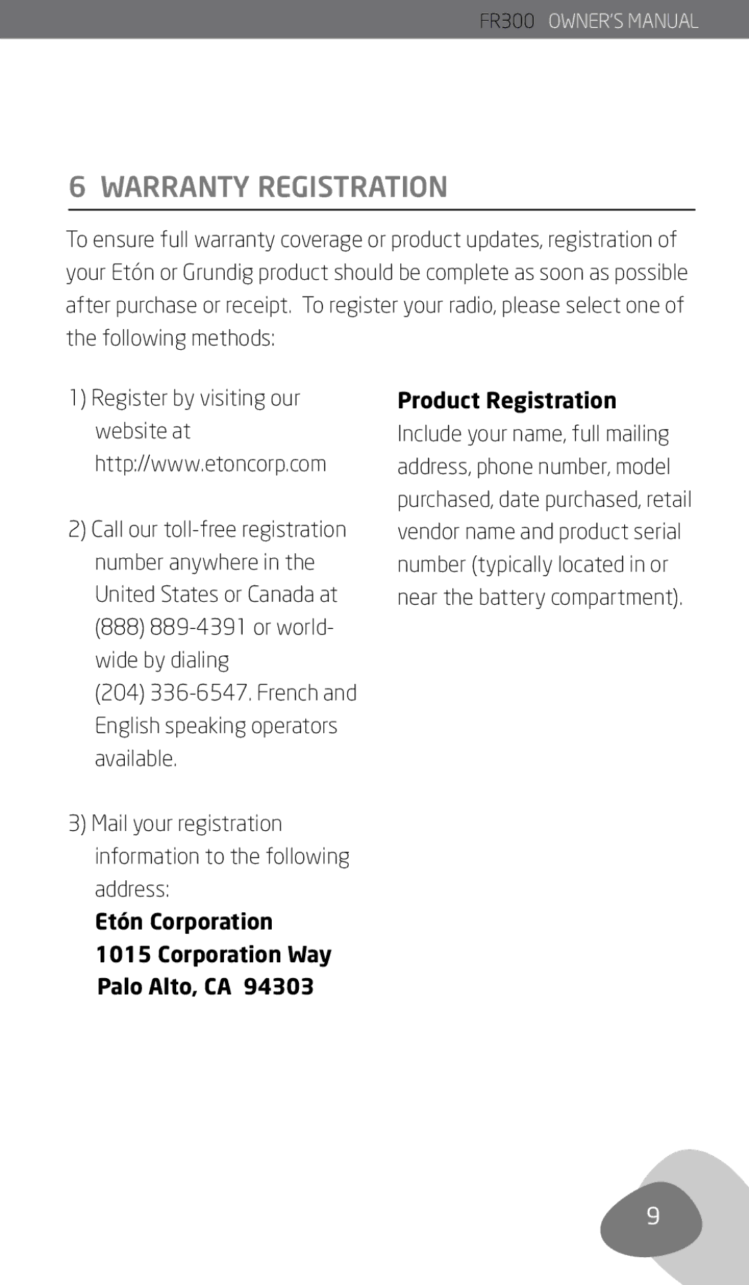 Eton FR300 owner manual Warranty Registration 