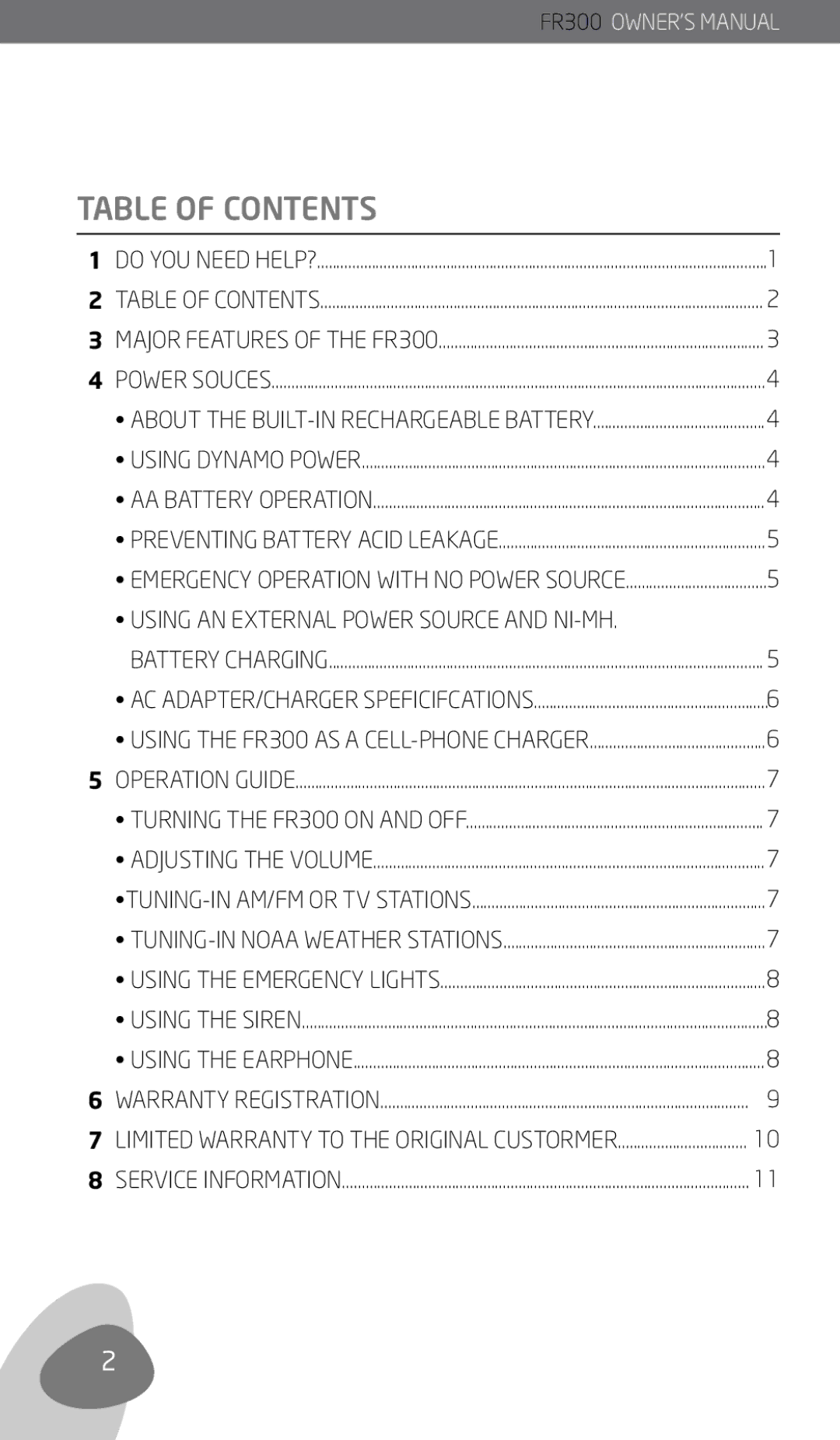 Eton FR300 owner manual Table of Contents 