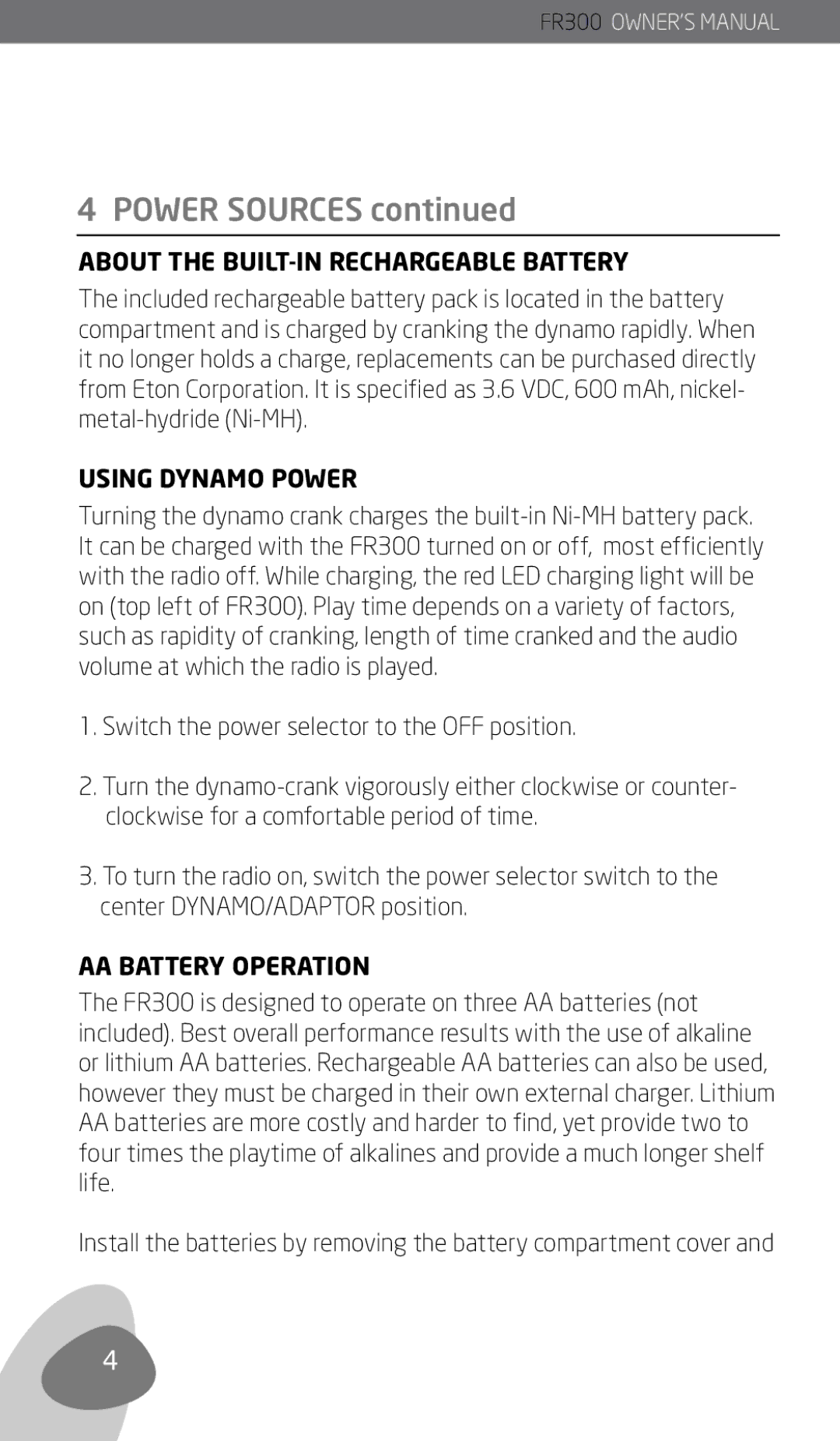 Eton FR300 owner manual Power Sources, About the BUILT-IN Rechargeable Battery, Using Dynamo Power, AA Battery Operation 