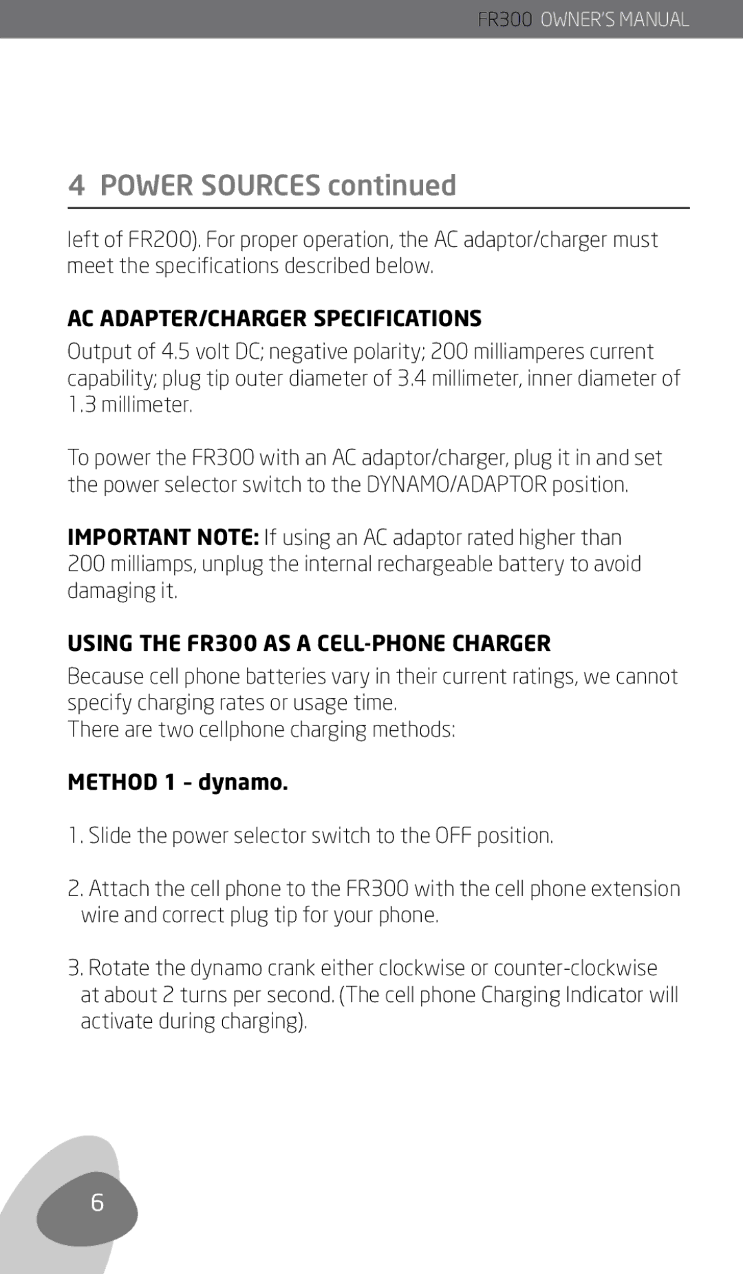 Eton owner manual AC ADAPTER/CHARGER Specifications, Using the FR300 AS a CELL-PHONE Charger 