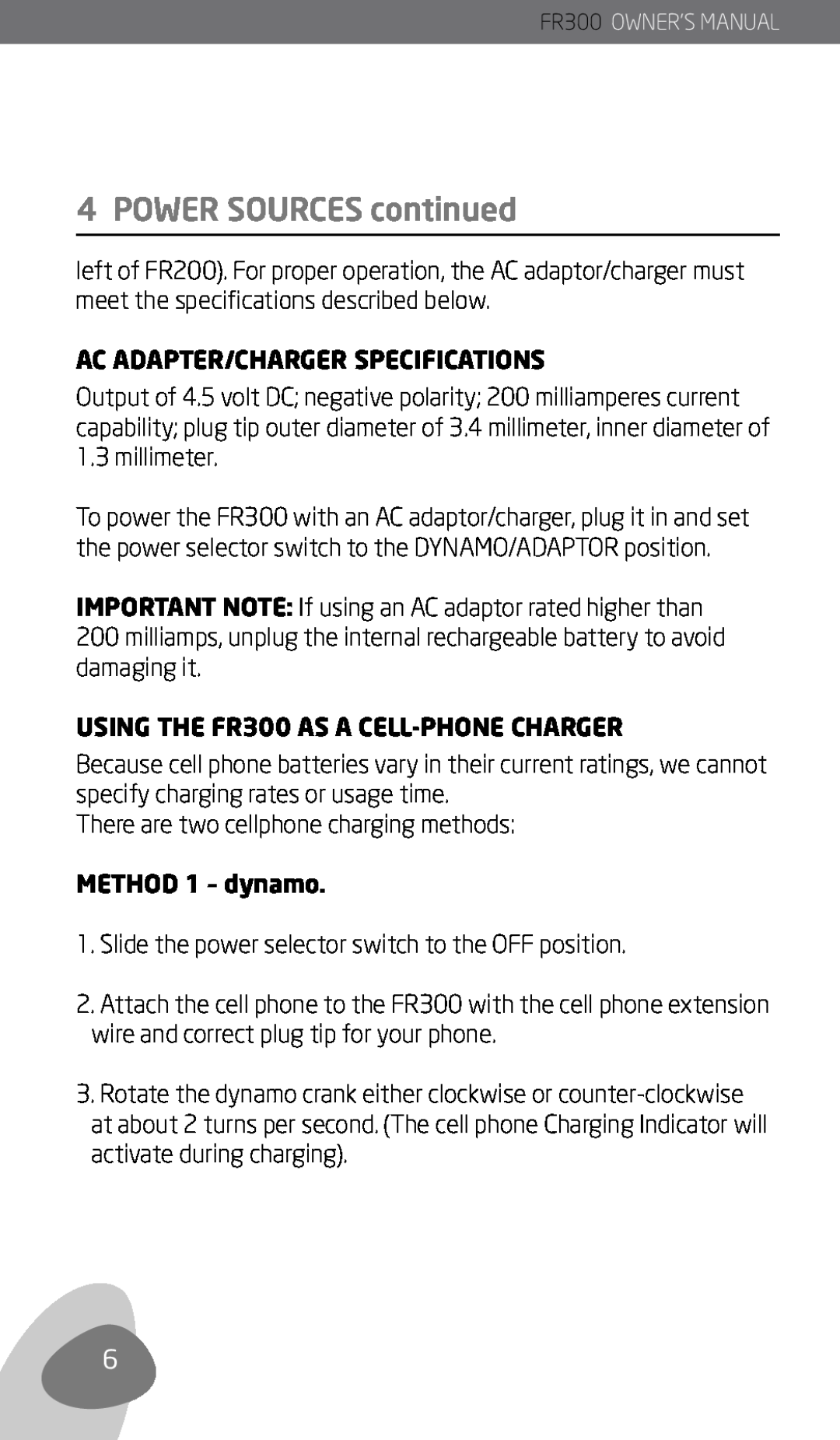 Eton owner manual Ac Adapter/Charger Specifications, USING THE FR300 AS A CELL-PHONECHARGER, METHOD 1 - dynamo 