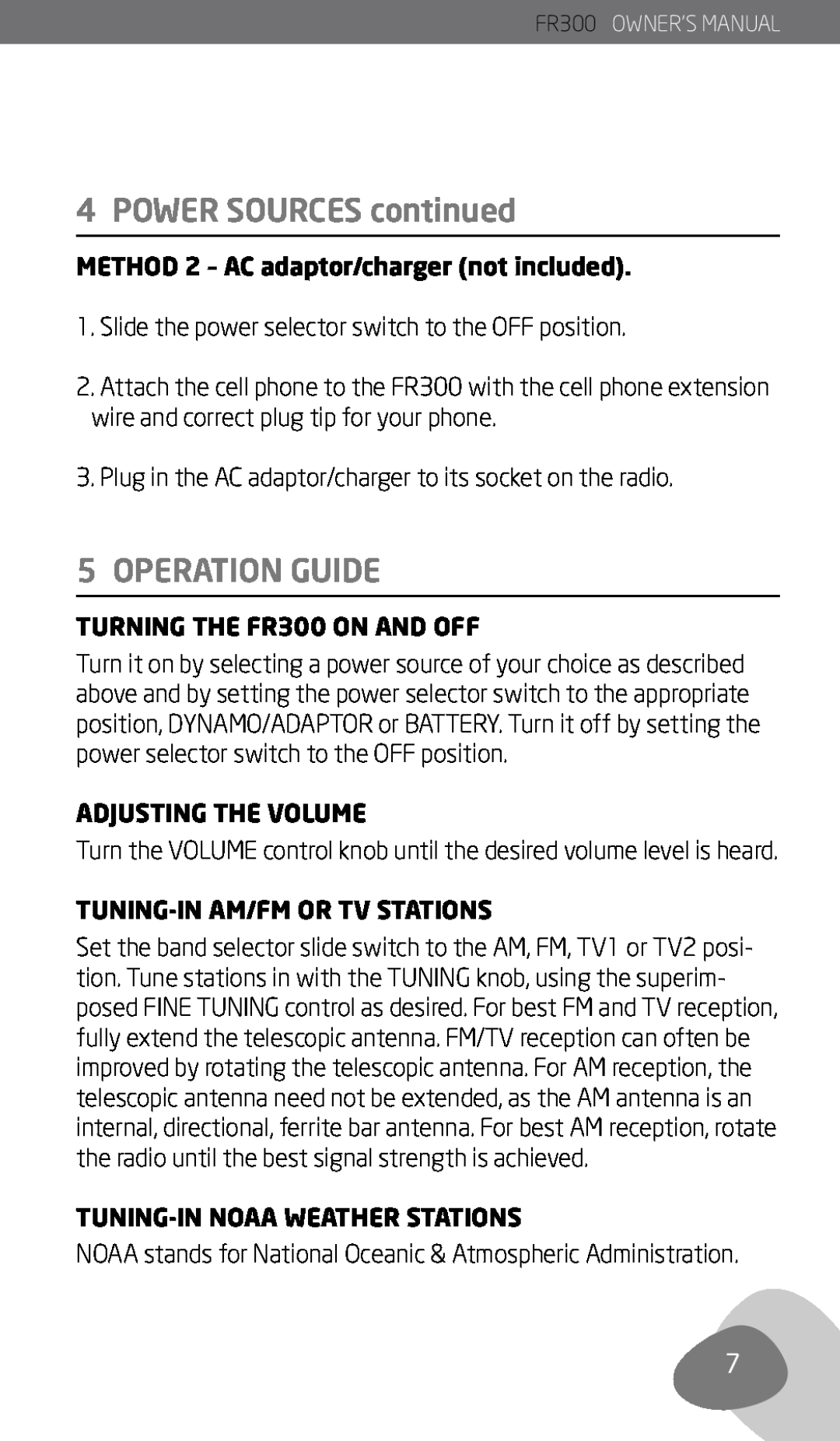 Eton Operation Guide, METHOD 2 – AC adaptor/charger not included, TURNING THE FR300 ON AND OFF, Adjusting The Volume 