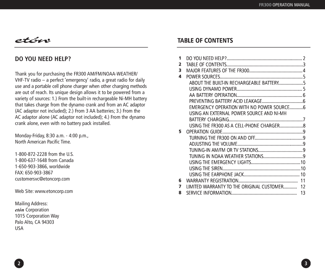 Eton FR300 operation manual Do You Need Help?, Table Of Contents 