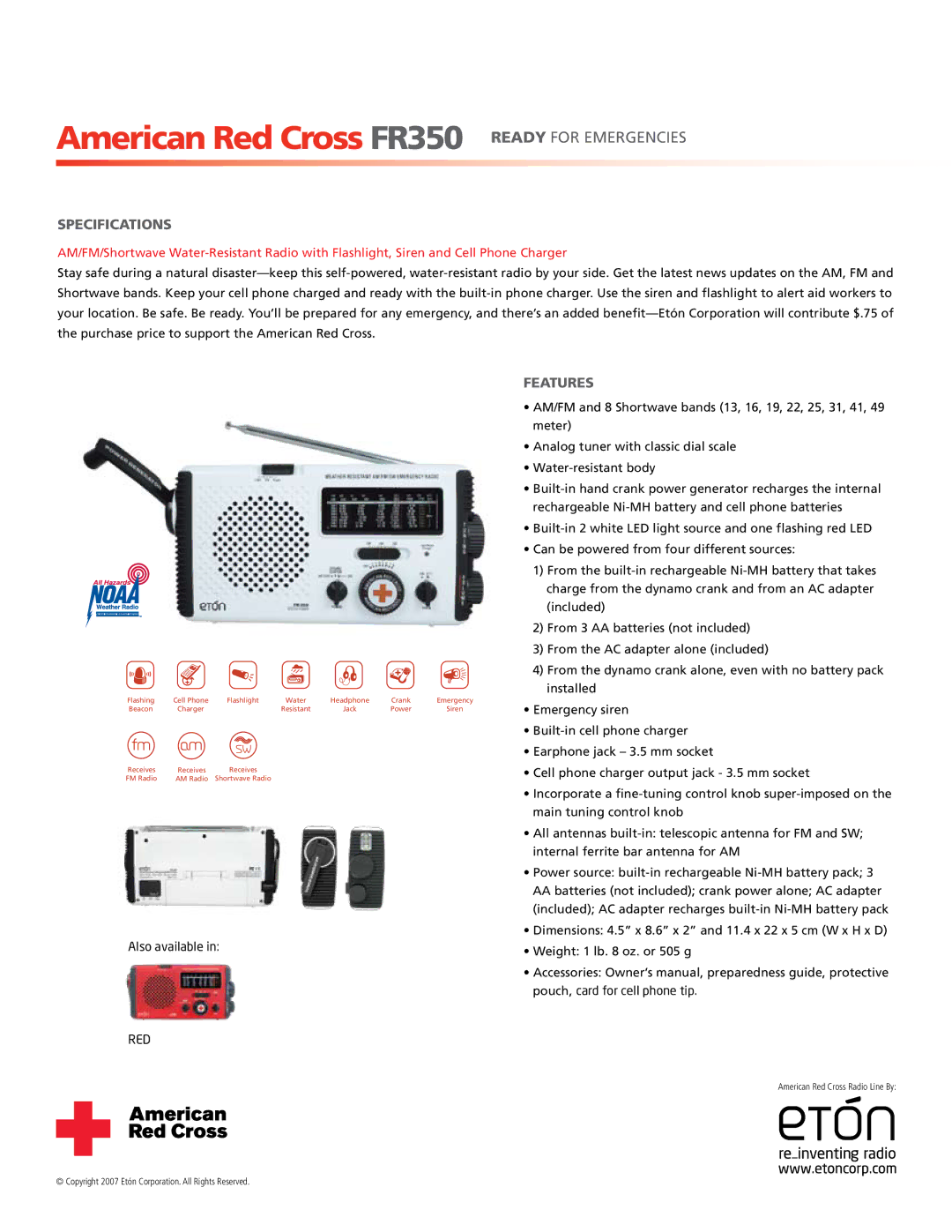 Eton ARCFR350 specifications American Red Cross FR350 Ready for Emergencies, Specifications, Features 