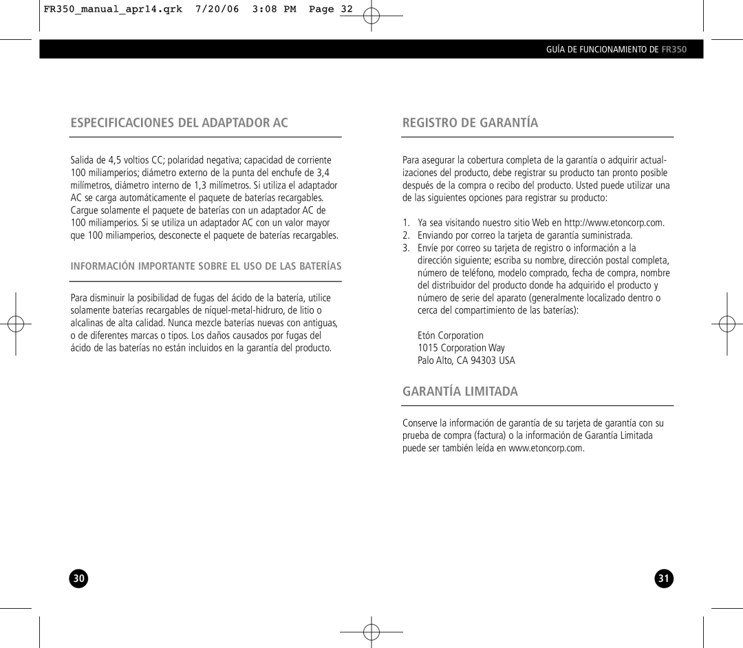 Eton FR350 operation manual Especificaciones DEL Adaptador AC, Registro DE Garantía, Garantía Limitada 