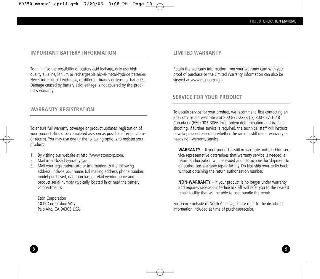 Eton FR350 operation manual Important Battery Information, Warranty Registration, Limited Warranty Service for Your Product 